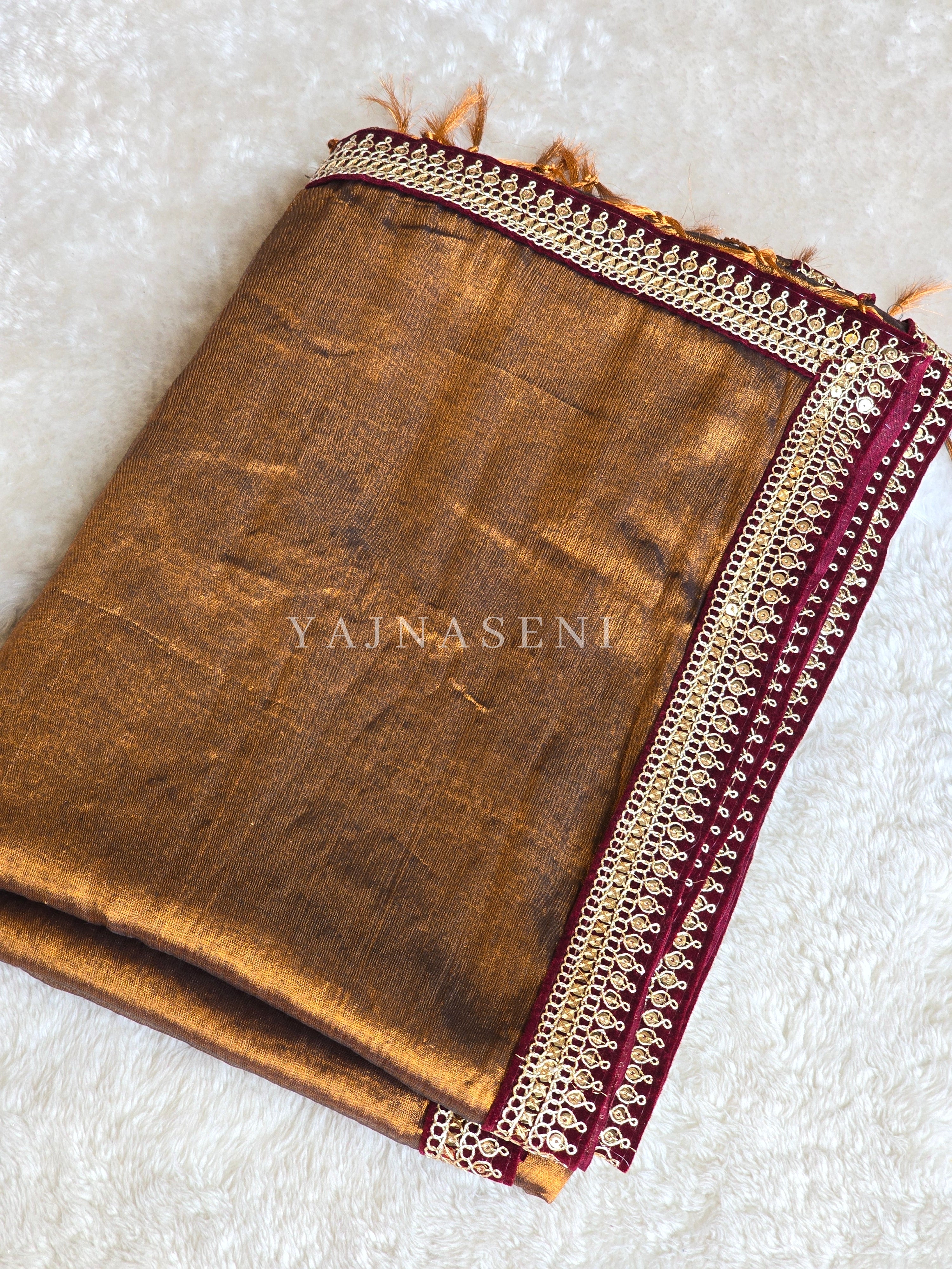 Shimmery Tissue Saree x Lace Border : Bronze x Maroon