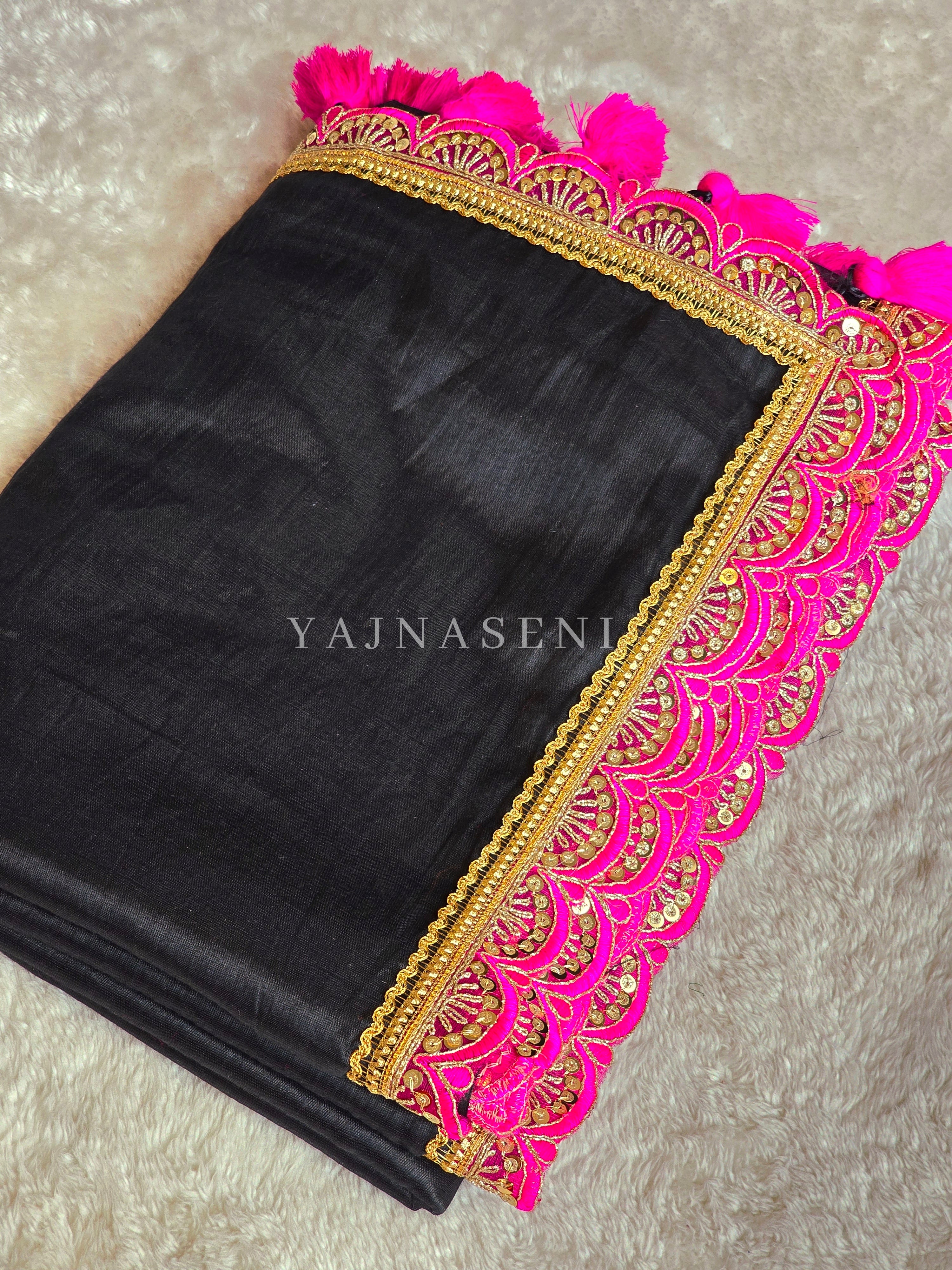 Tissue Saree x Scallop Lace Border : Black x Hot Pink