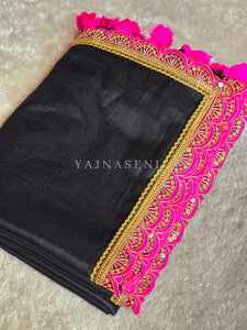 Tissue Saree x Scallop Lace Border : Black x Hot Pink