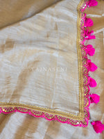 Load image into Gallery viewer, Tissue Saree x Scallop Lace Border : Champange Gold x Hot Pink
