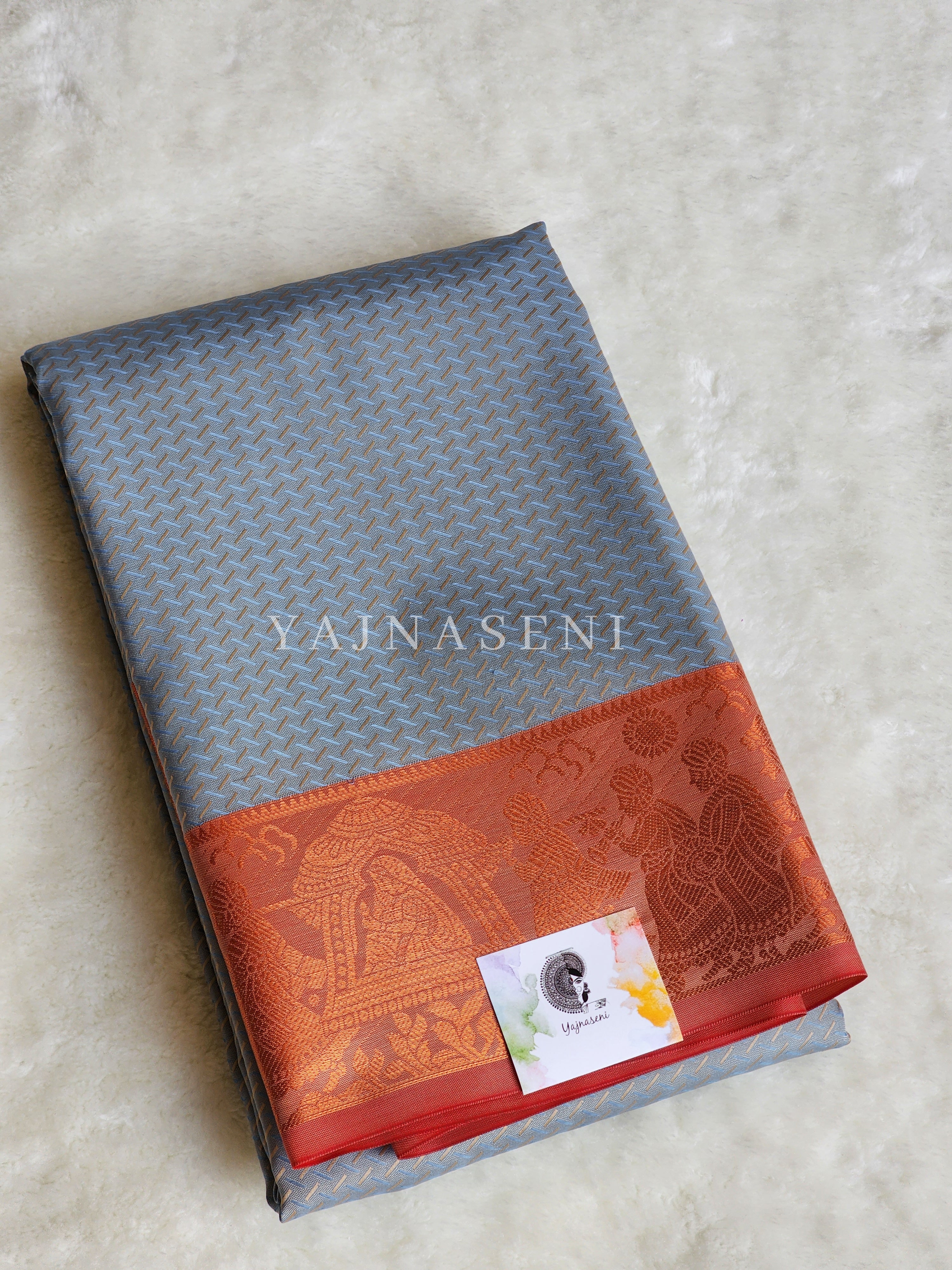 Pallakku series - Soft Semi Silk Saree : Powder Blue x Orange