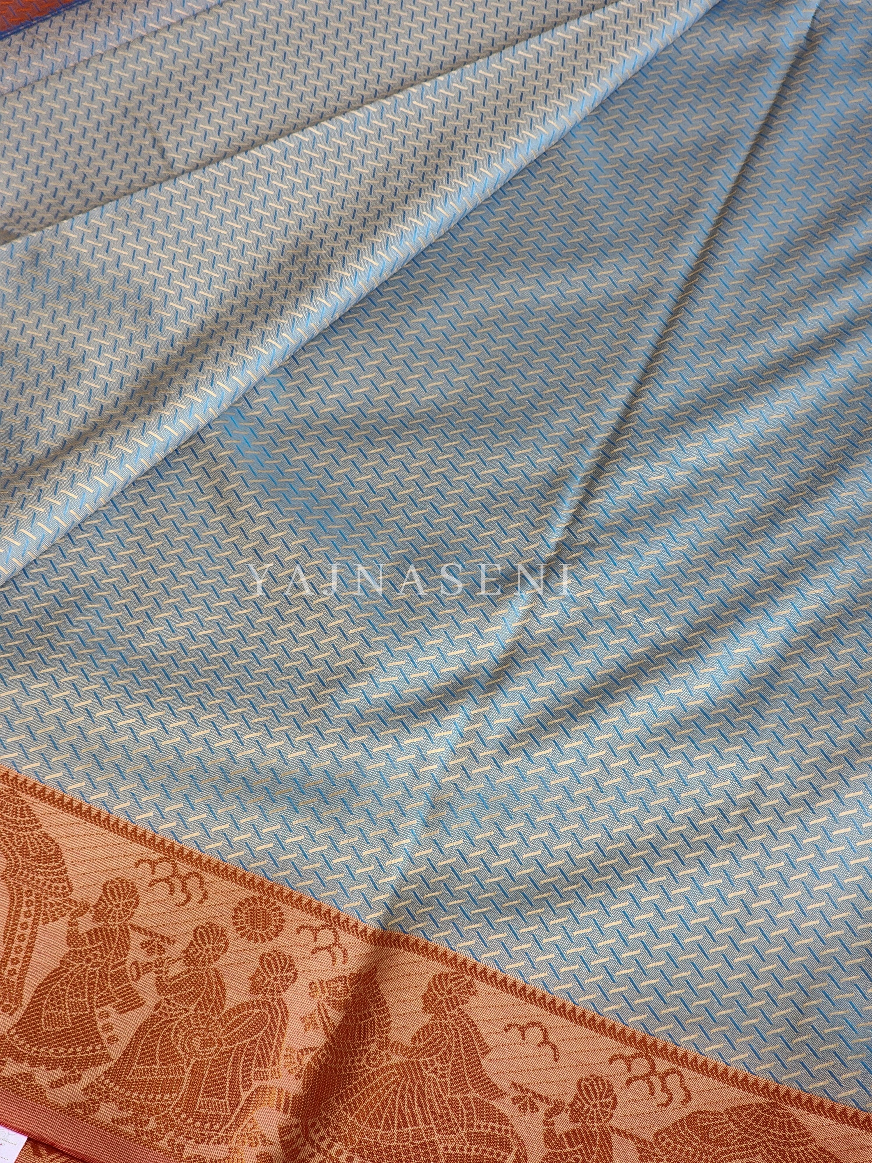 Pallakku series - Soft Semi Silk Saree : Powder Blue x Orange