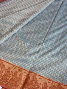 Pallakku series - Soft Semi Silk Saree : Powder Blue x Orange