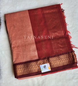 Kalyani Cotton Saree - Copper Zari : Peach x Red x Maroon