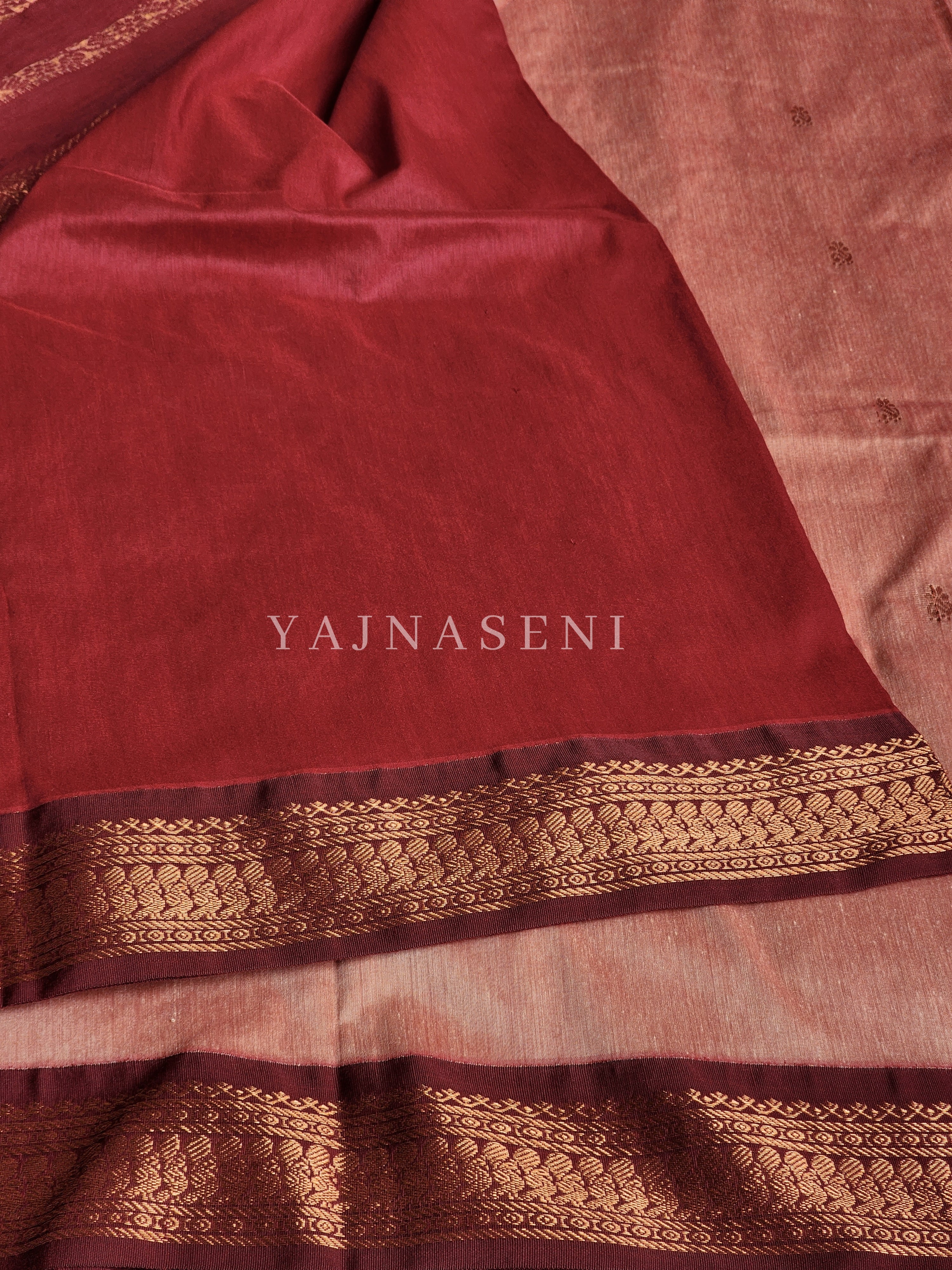 Kalyani Cotton Saree - Copper Zari : Peach x Red x Maroon