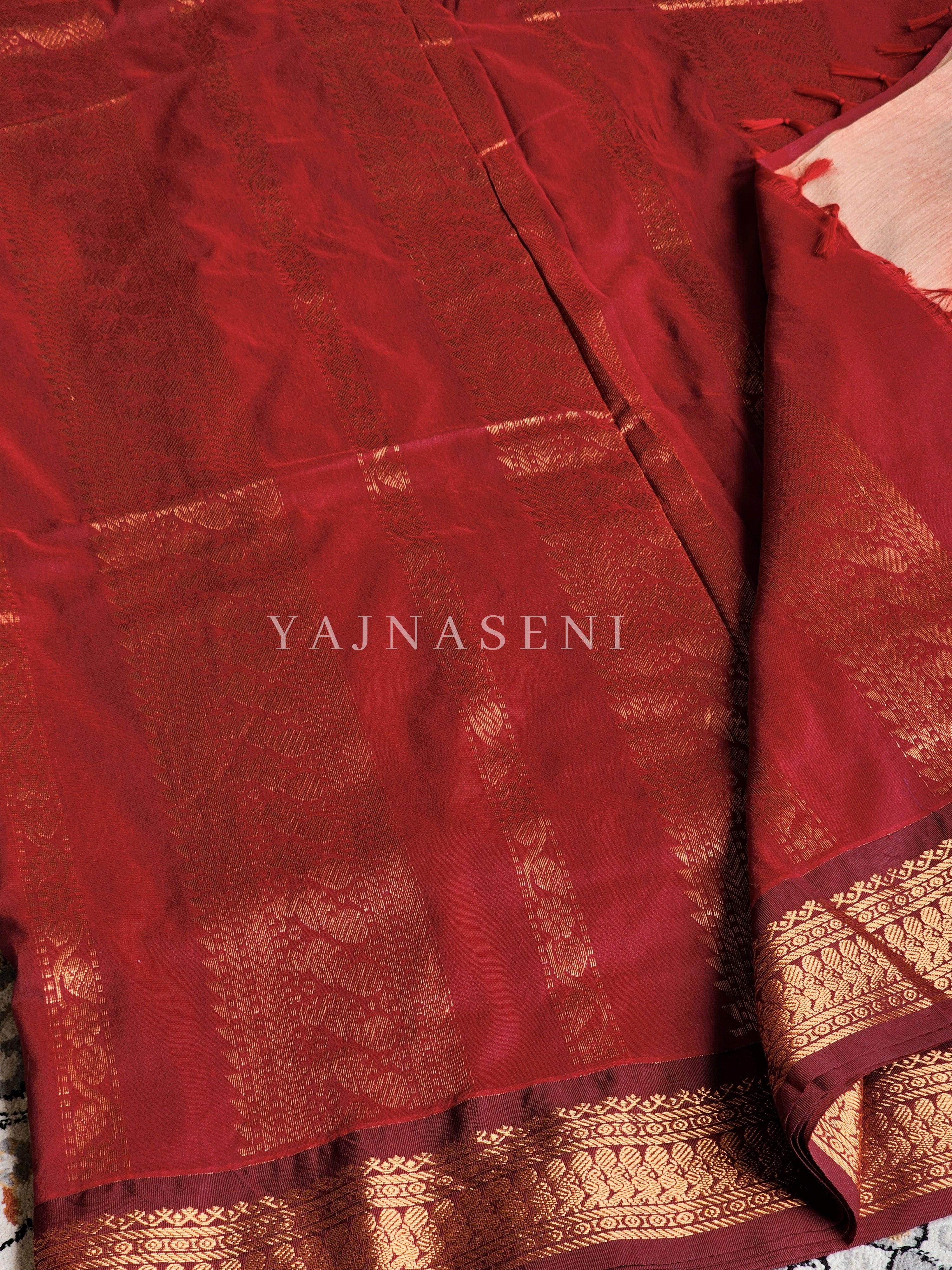 Kalyani Cotton Saree - Copper Zari : Peach x Red x Maroon