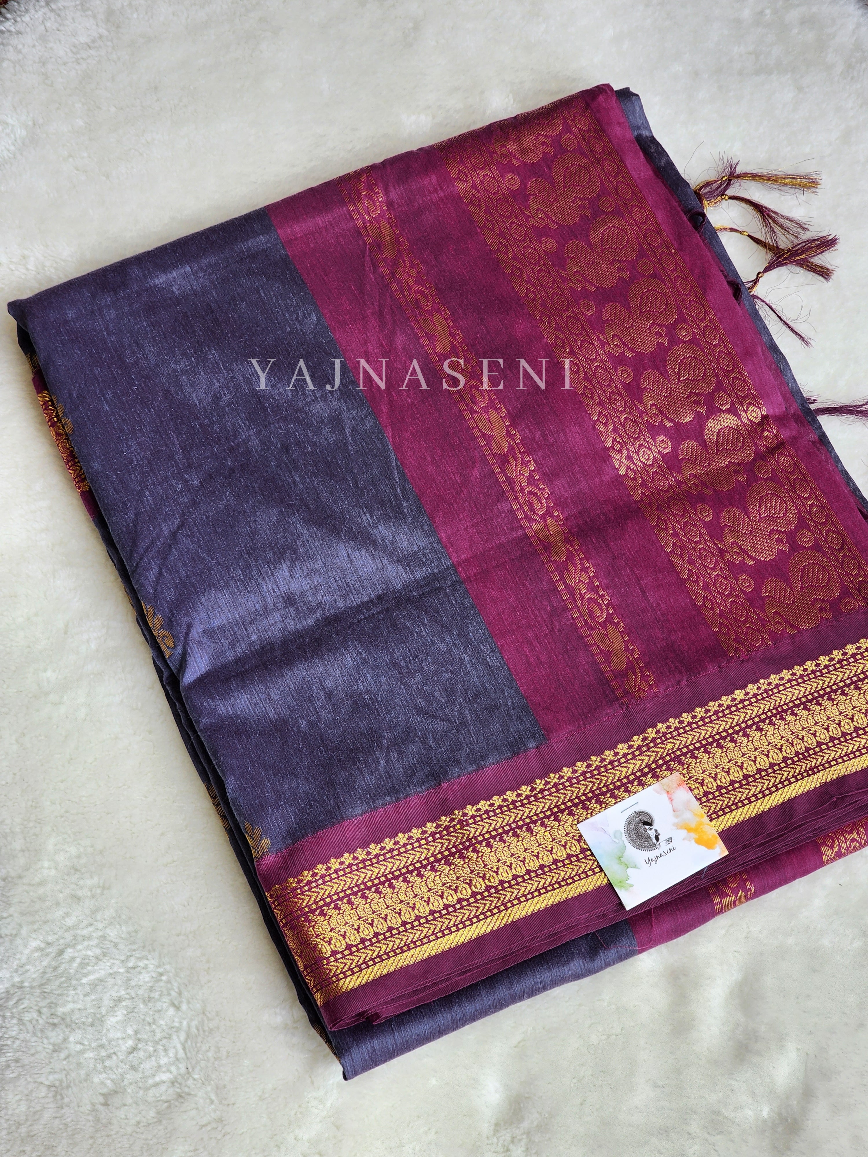 Kalyani Cotton Saree : Slate Grey x Magenta