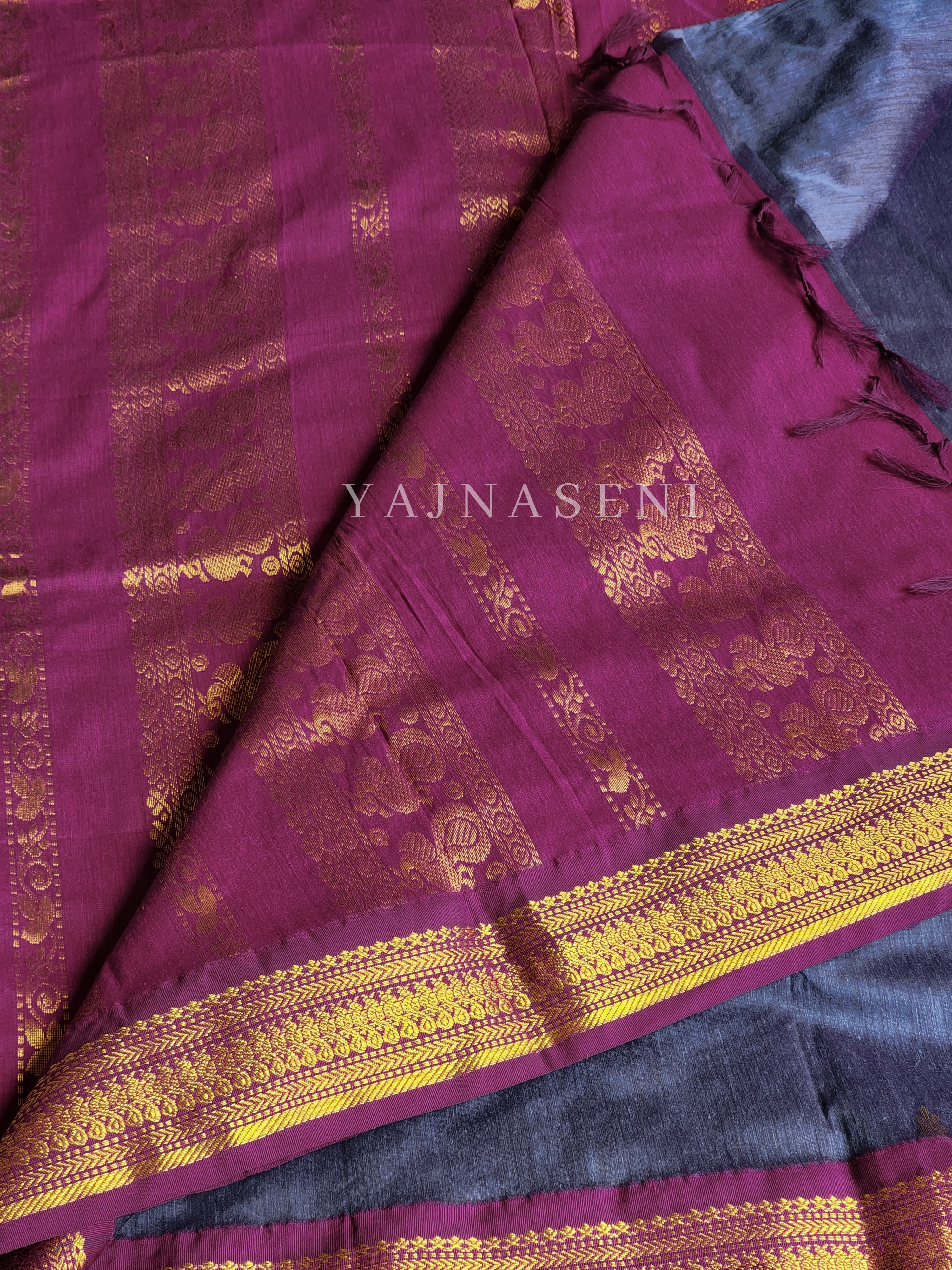 Kalyani Cotton Saree : Slate Grey x Magenta