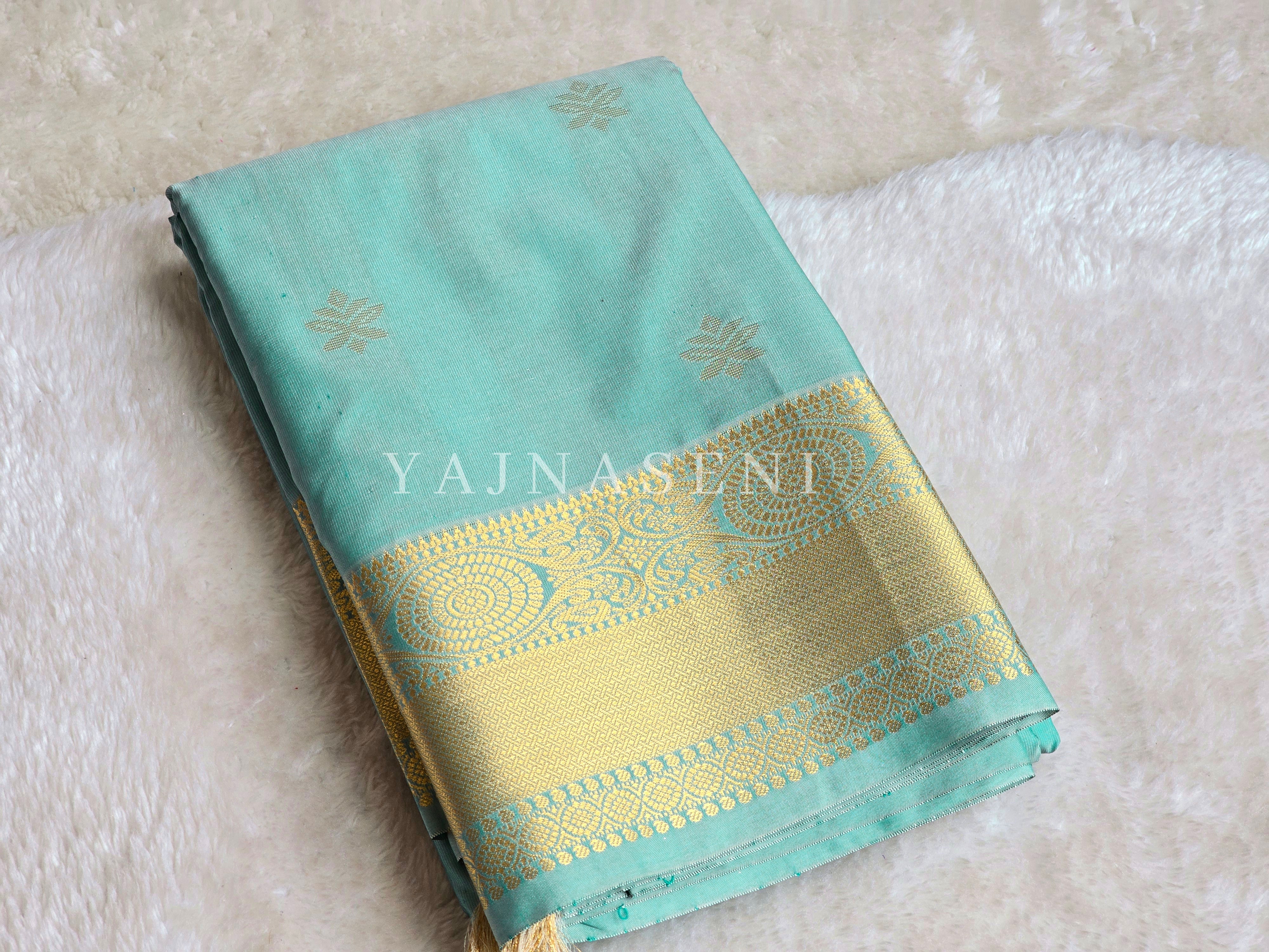 Mini Motifs x Semi Soft Silk Saree - Aqua Green