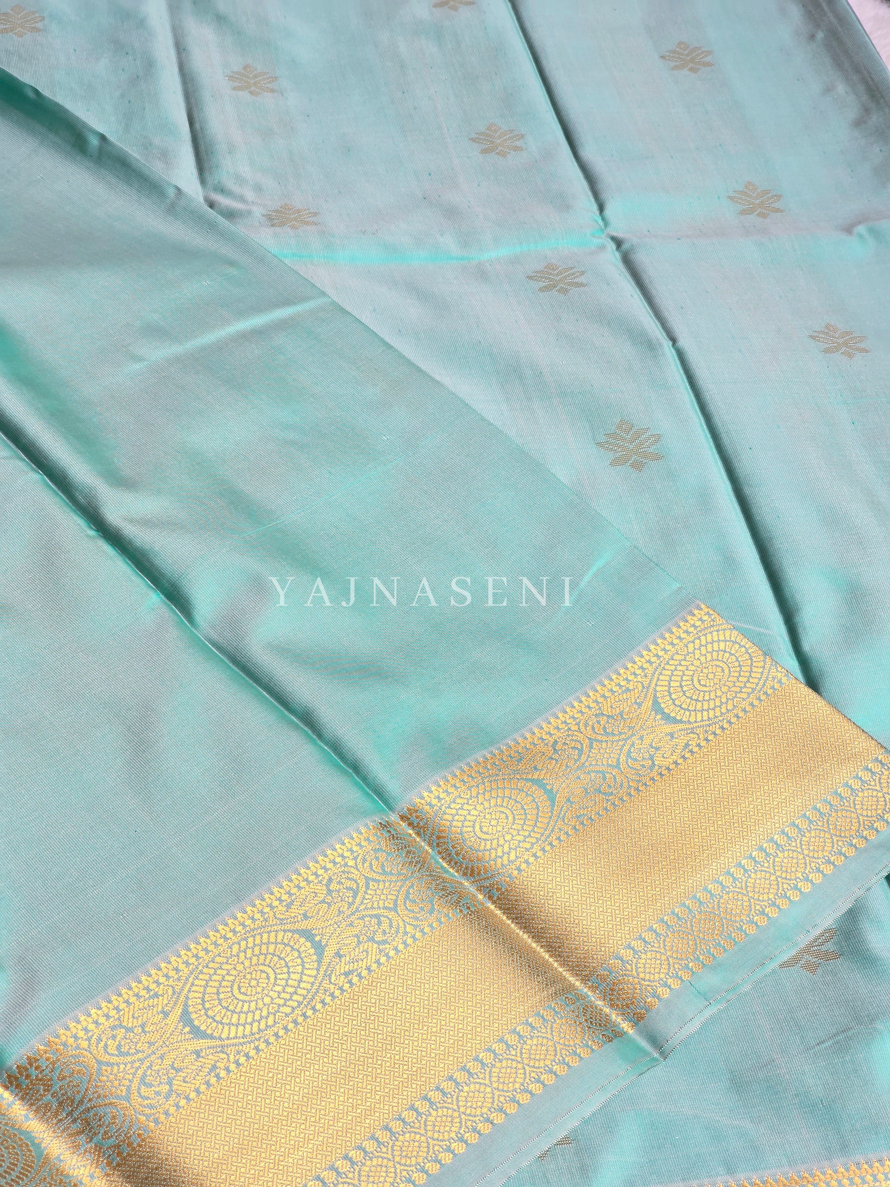 Mini Motifs x Semi Soft Silk Saree - Aqua Green