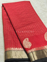 Load image into Gallery viewer, Soft Cotton Silk Checkered Saree x Paisley Motif x Zari Border : Red x Black
