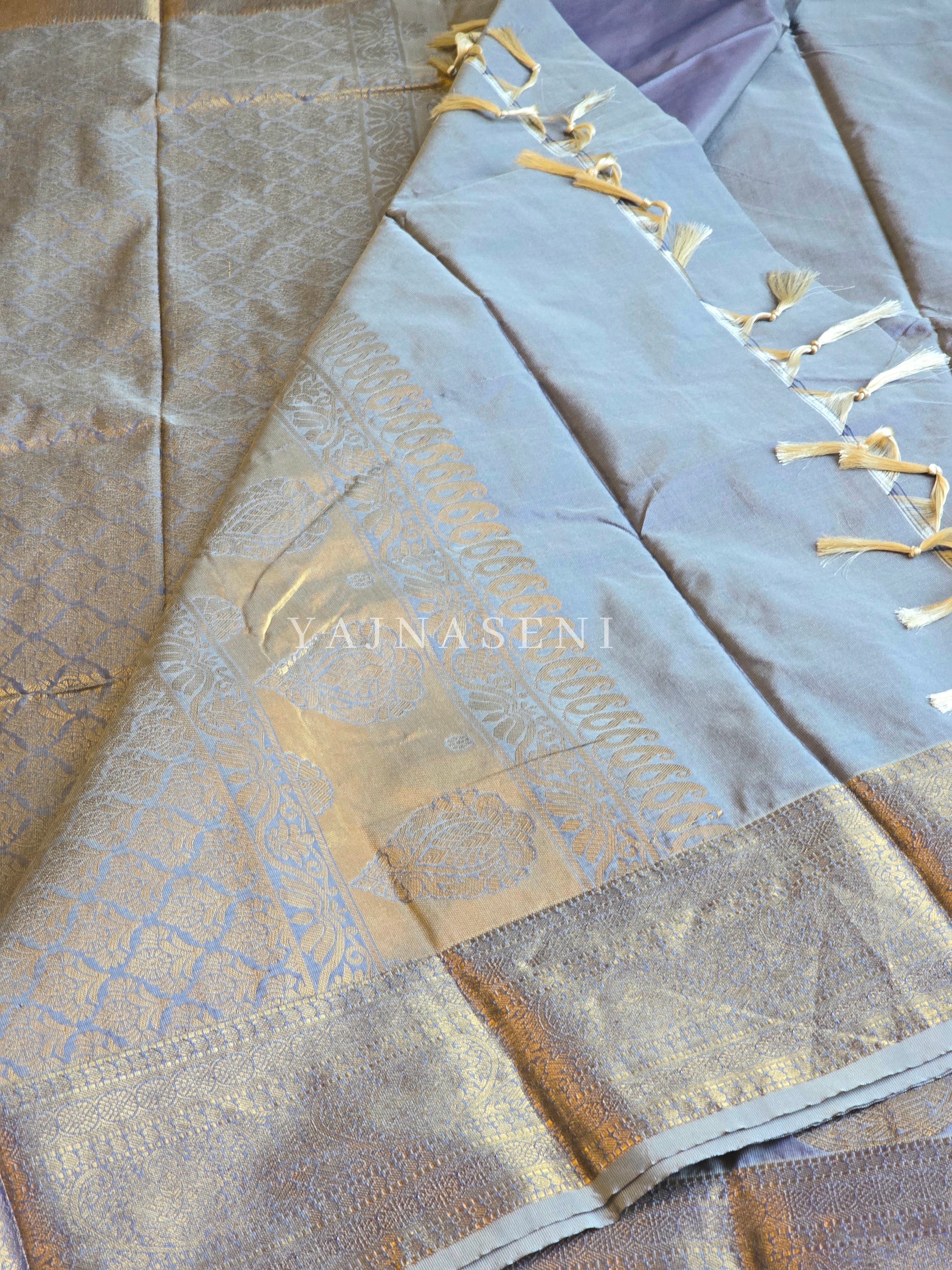 Semi Soft Silk Gold Zari Saree - Grey