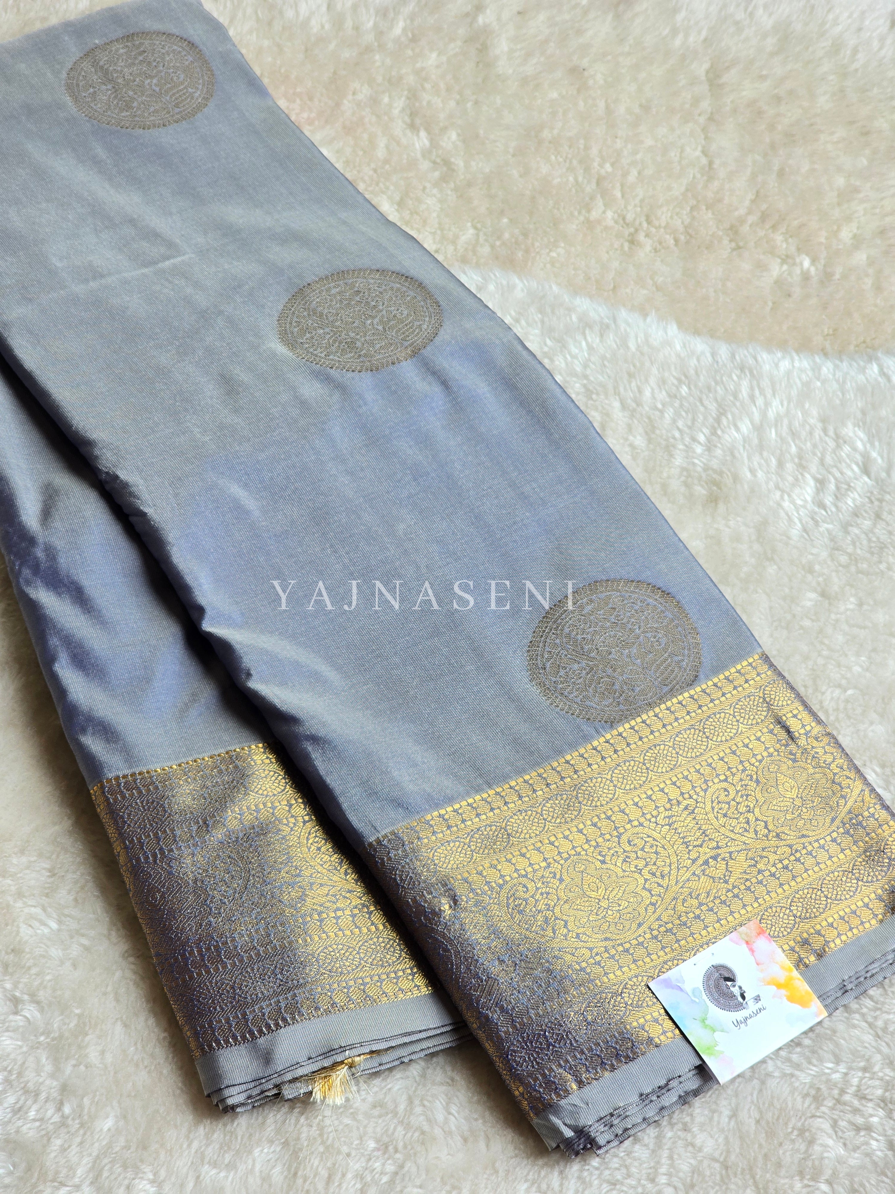 Semi Soft Silk Gold Zari Saree - Grey