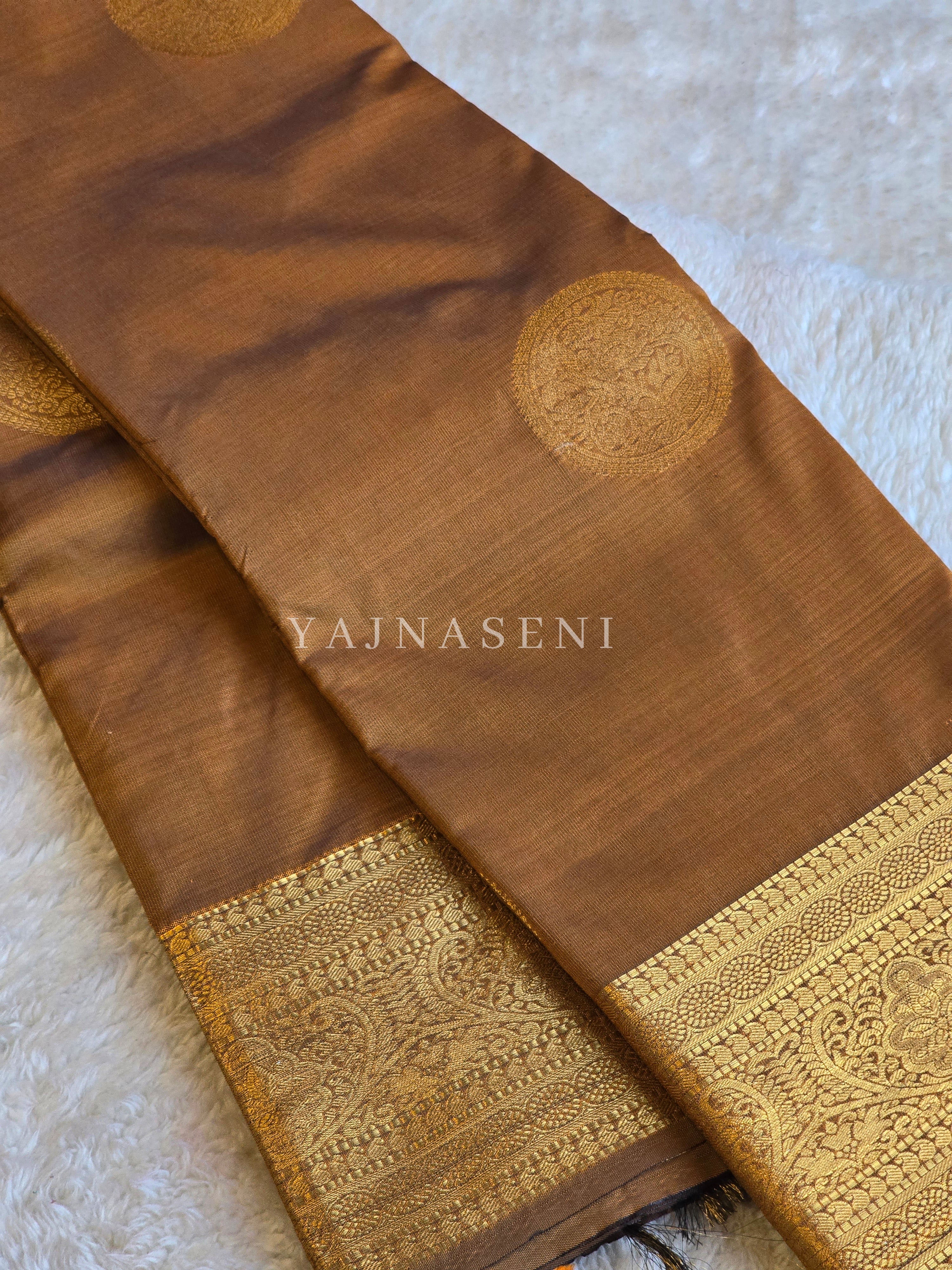 Semi Soft Silk Gold Zari Saree - Brown
