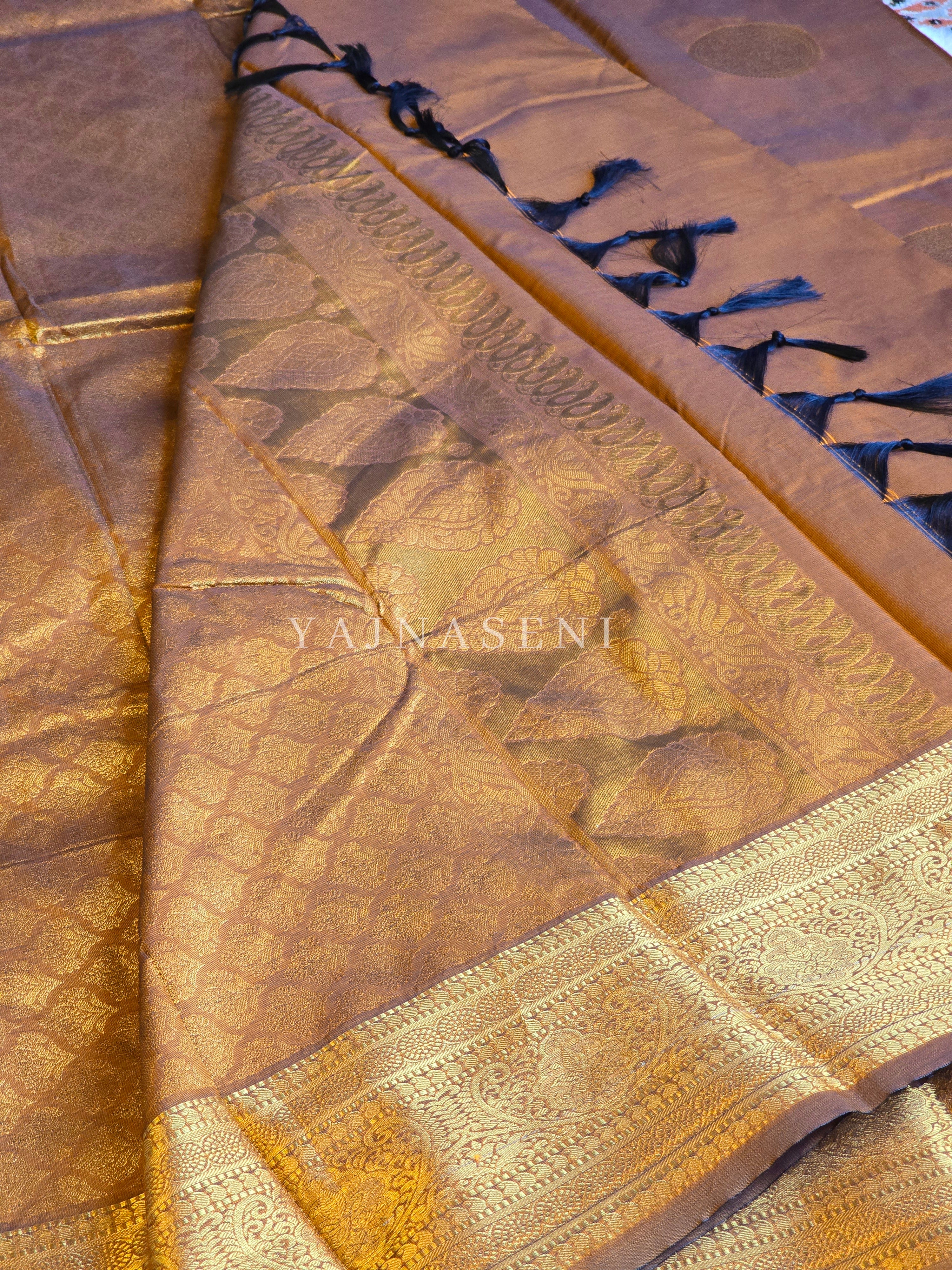 Semi Soft Silk Gold Zari Saree - Brown