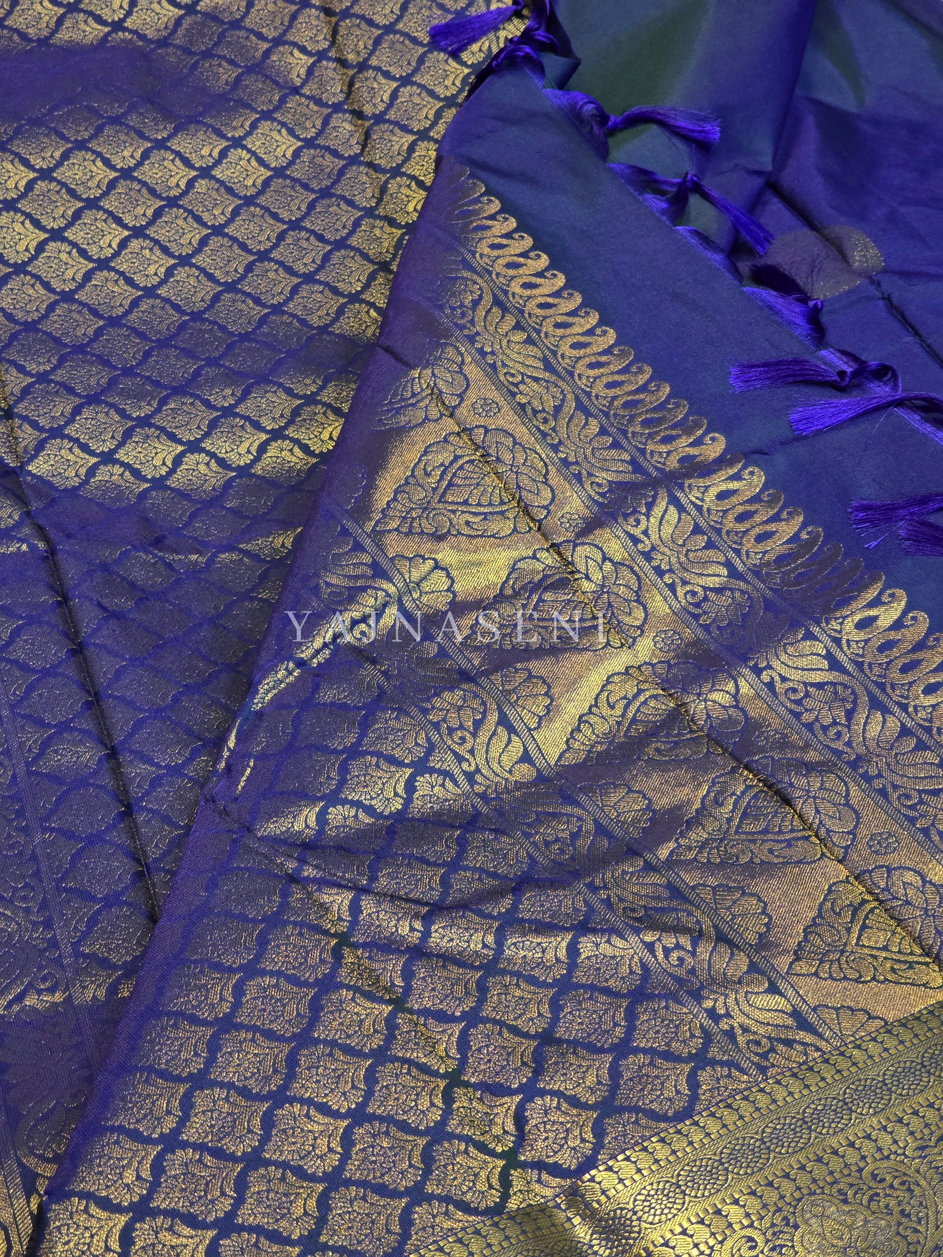 Semi Soft Silk Gold Zari Saree - Peacock Blue