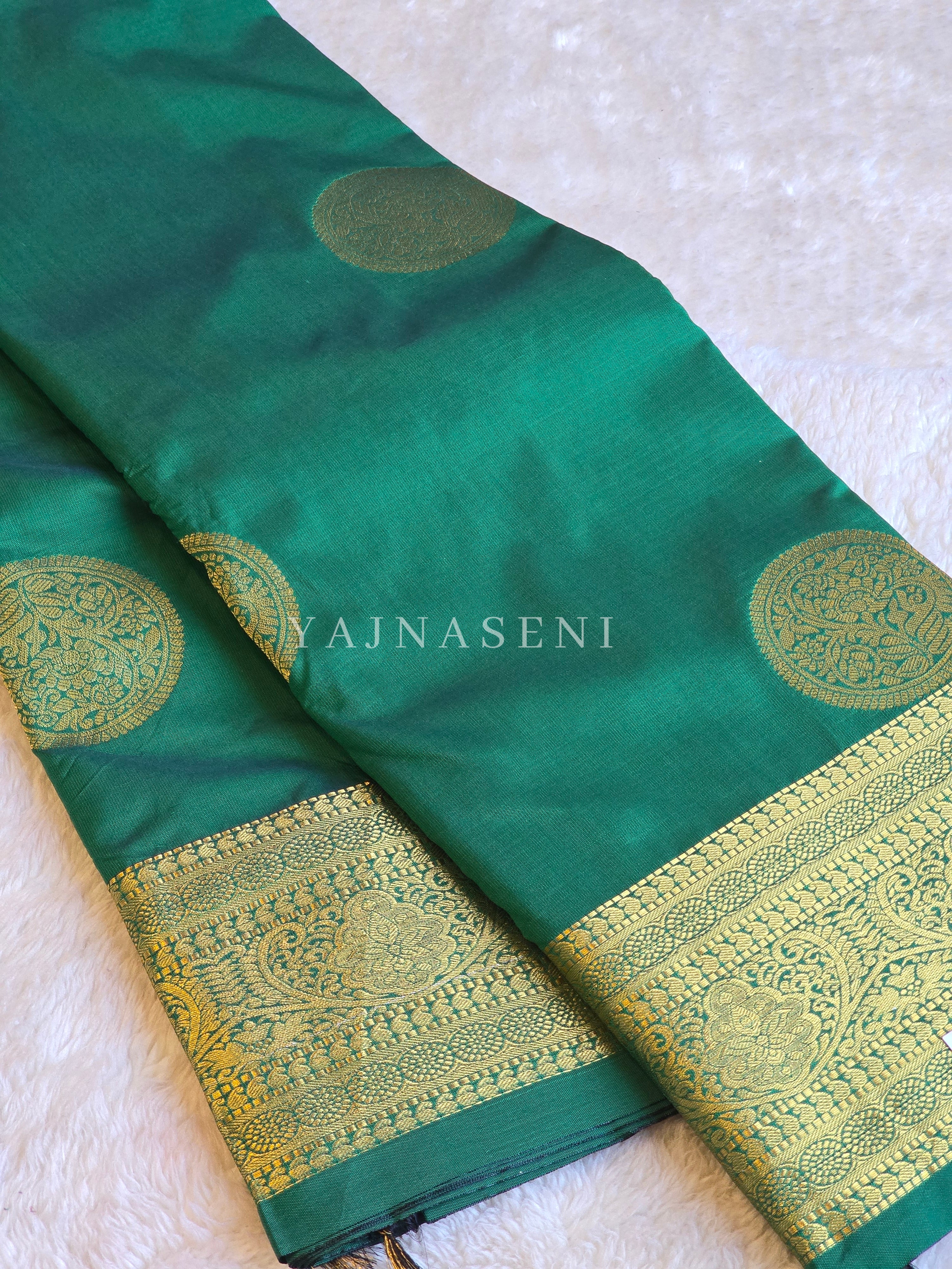 Semi Soft Silk Gold Zari Saree - Bottle Green