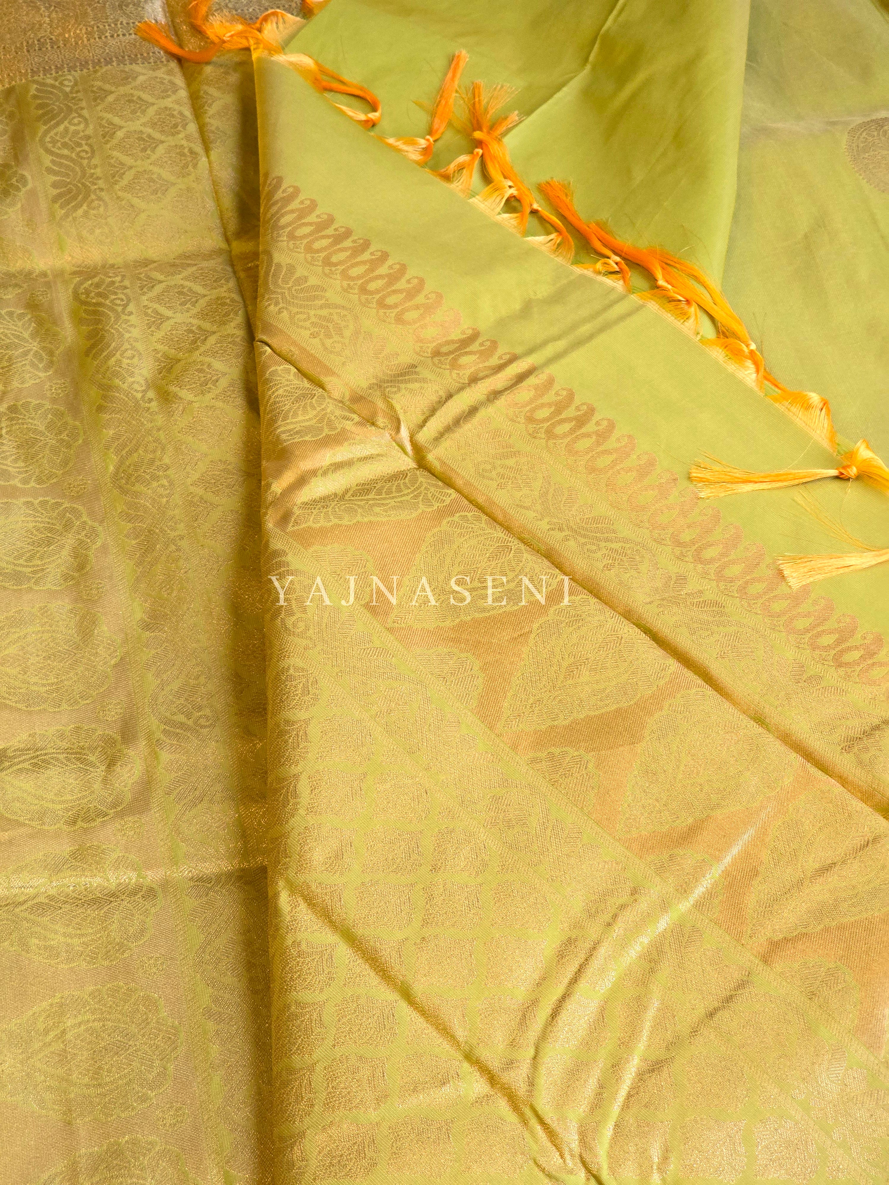 Semi Soft Silk Gold Zari Saree - Chartreuse Green