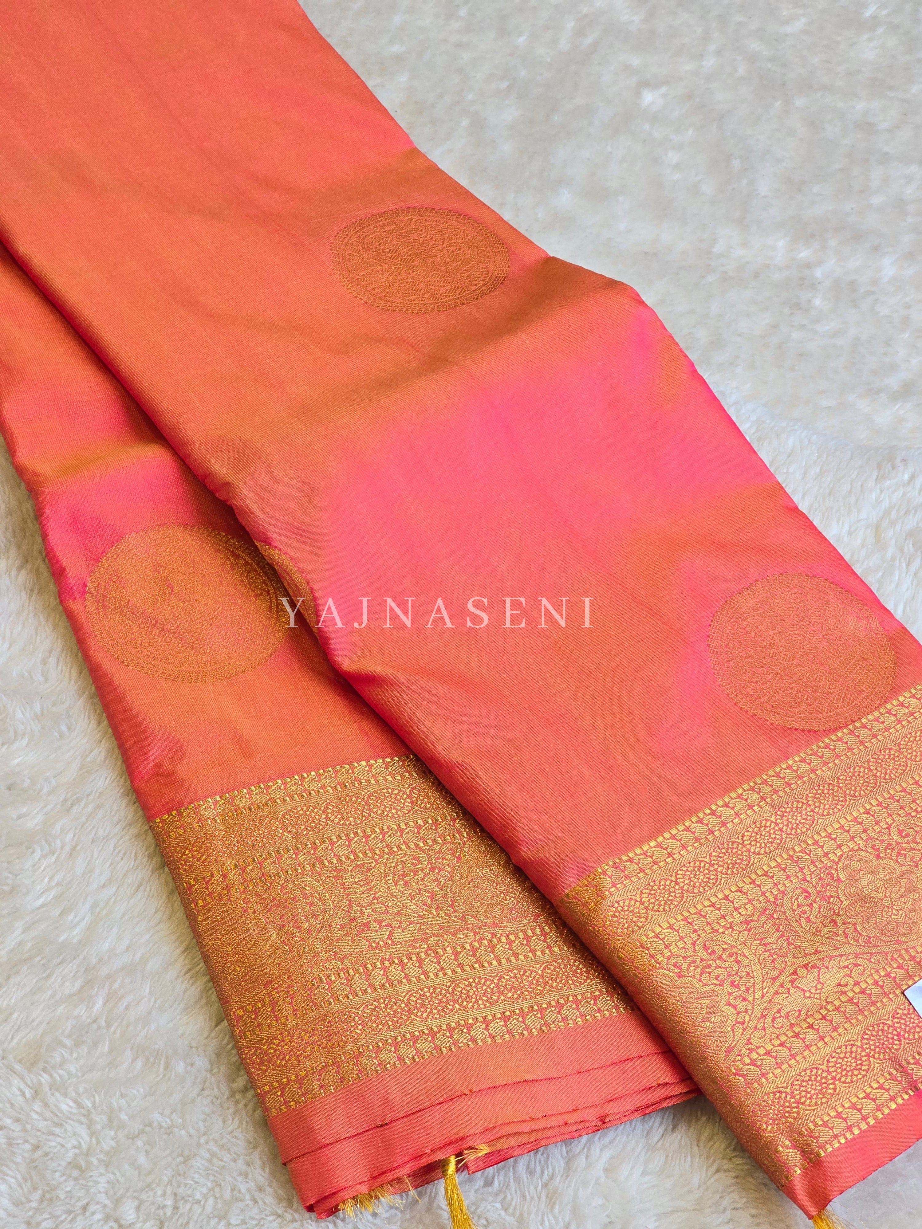 Semi Soft Silk Gold Zari Saree - Sunset Coral