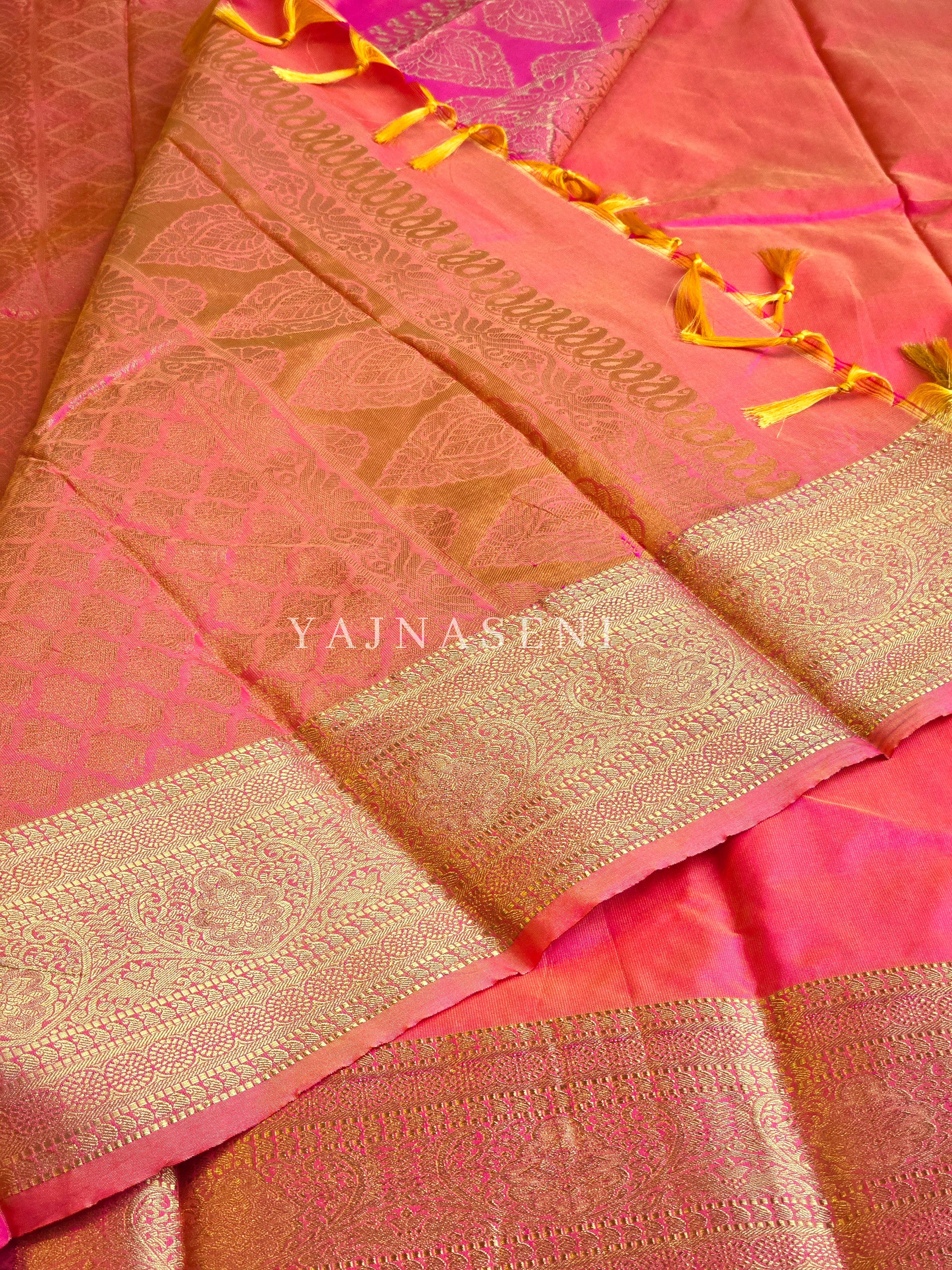 Semi Soft Silk Gold Zari Saree - Sunset Coral