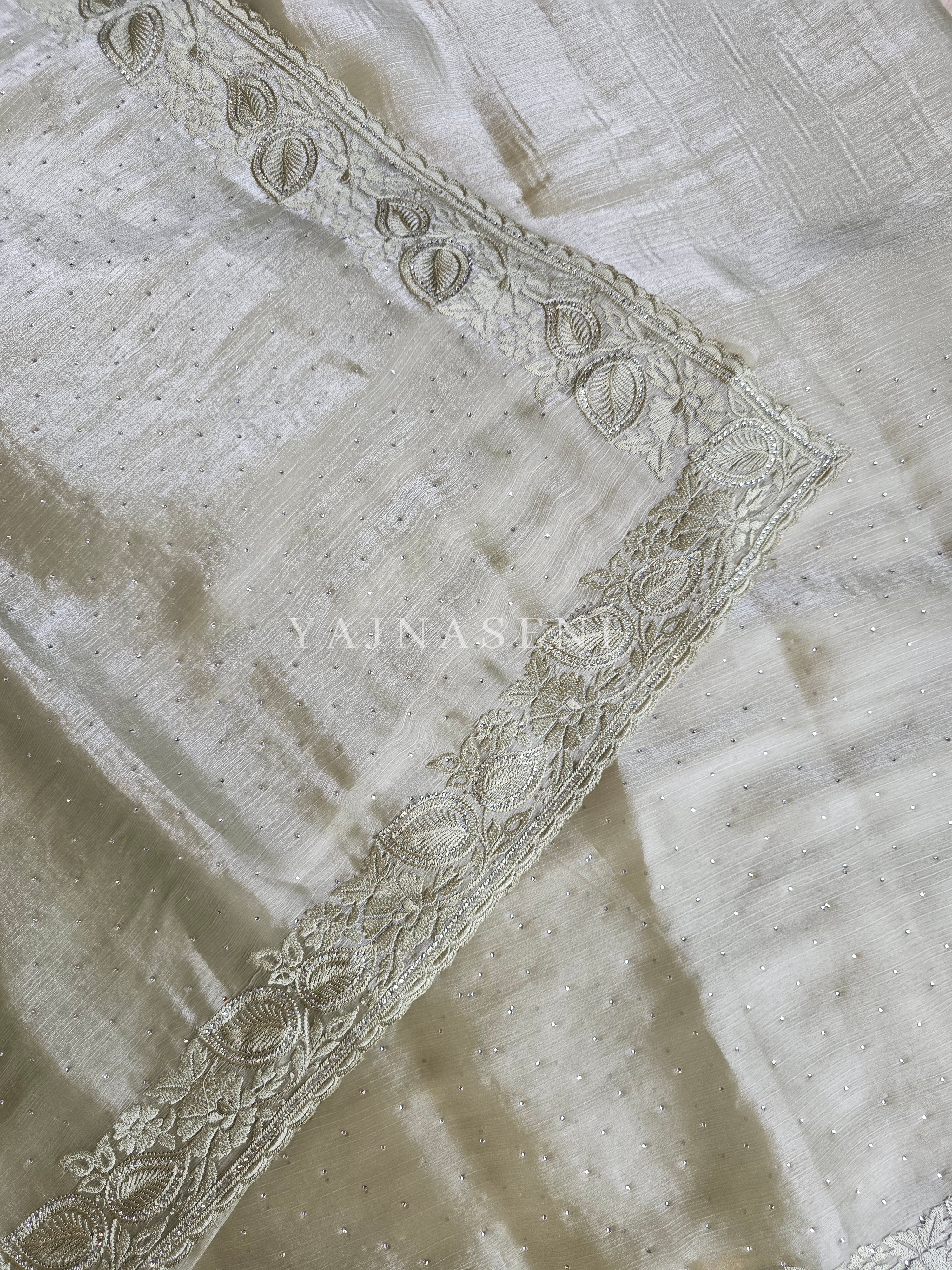 Shimmery Organza Silk Saree x Embroidered x Stone Work  : Clay Ash Green