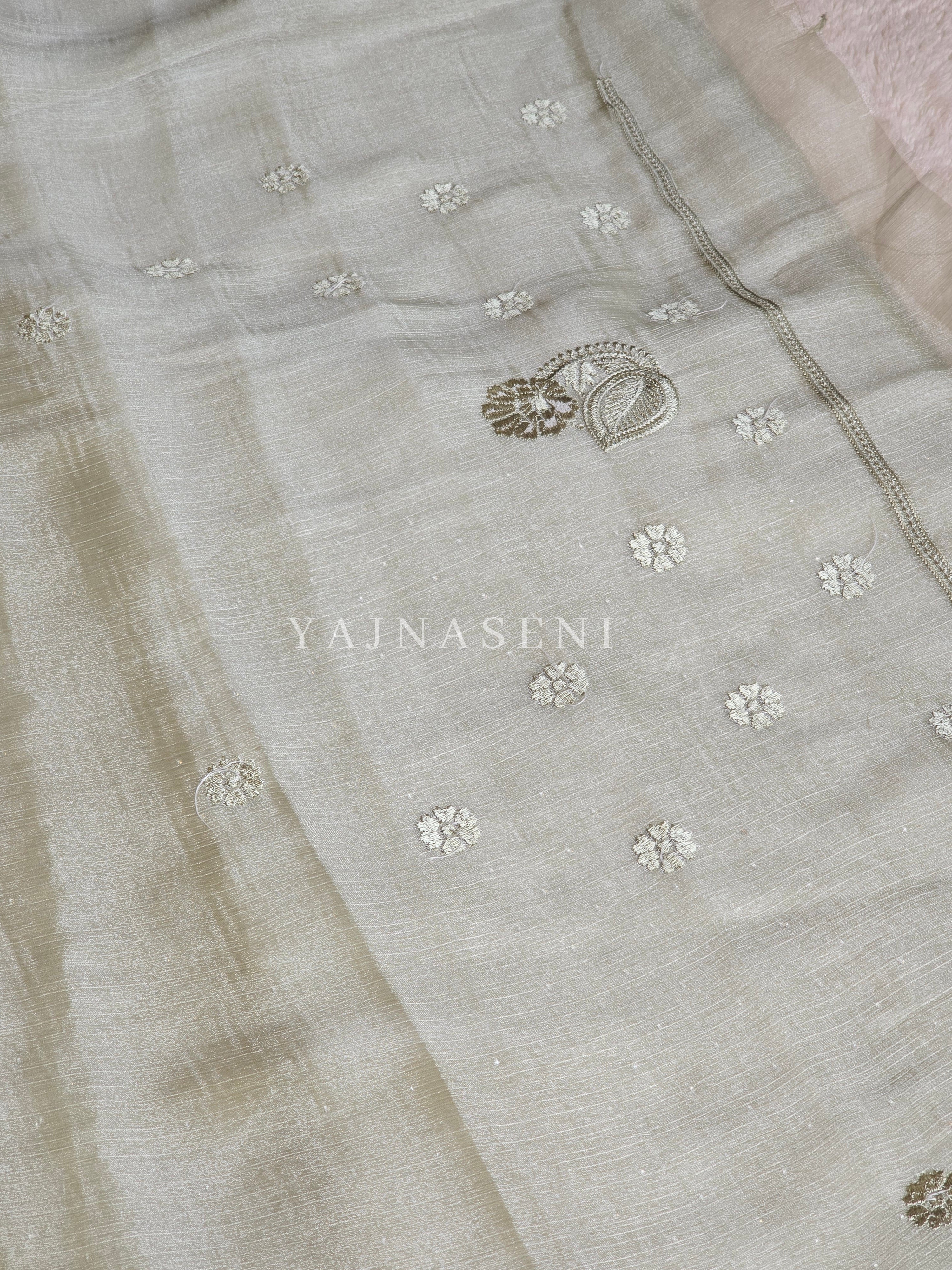 Shimmery Organza Silk Saree x Embroidered x Stone Work  : Clay Ash Green