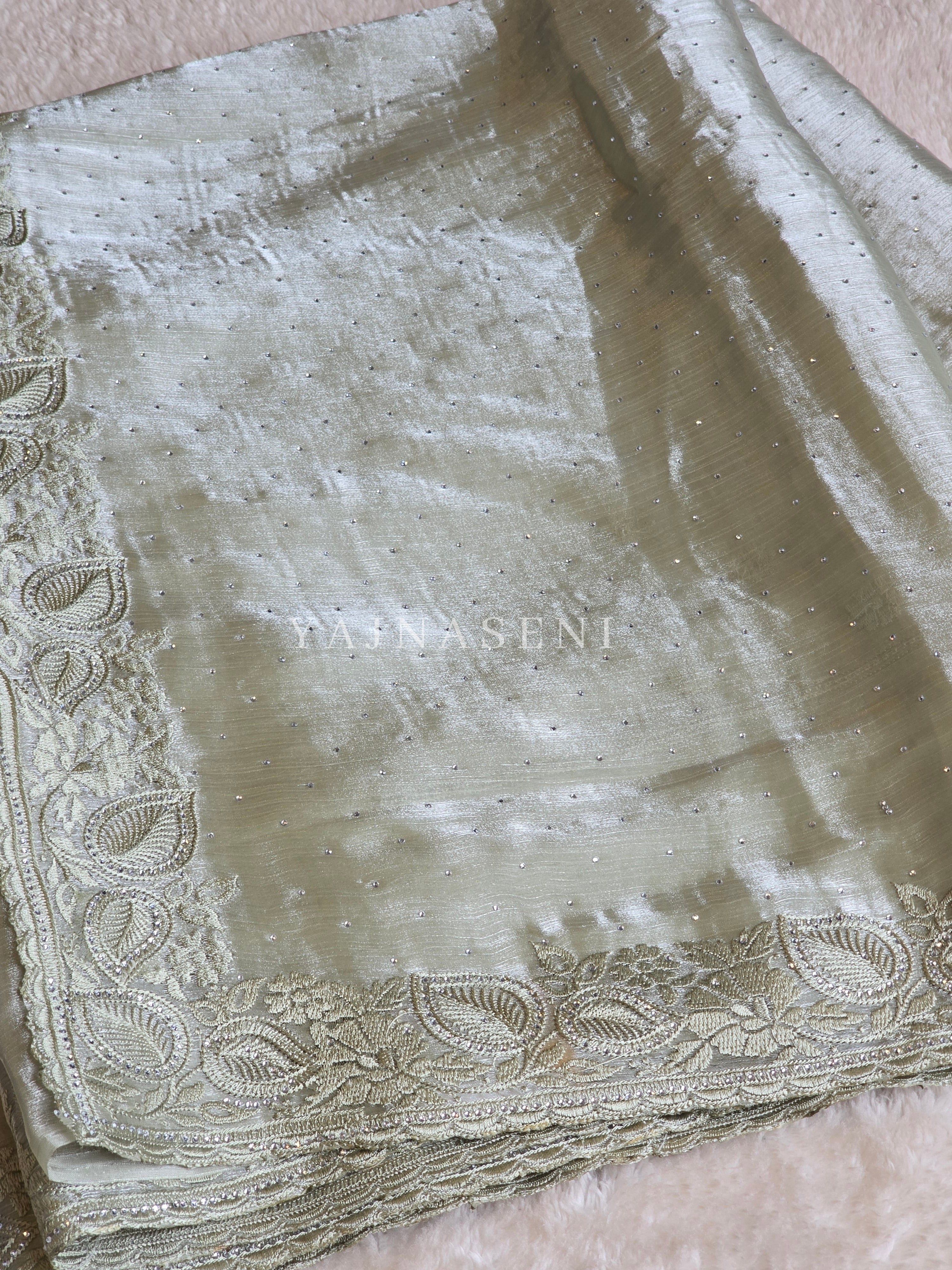 Shimmery Organza Silk Saree x Embroidered x Stone Work  : Clay Ash Green