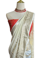 Load image into Gallery viewer, Viscose Georgette Saree x Light Gold Stripes : Cream
