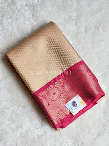 Brocade tissue semi silk saree : Ivory x Hot Pink