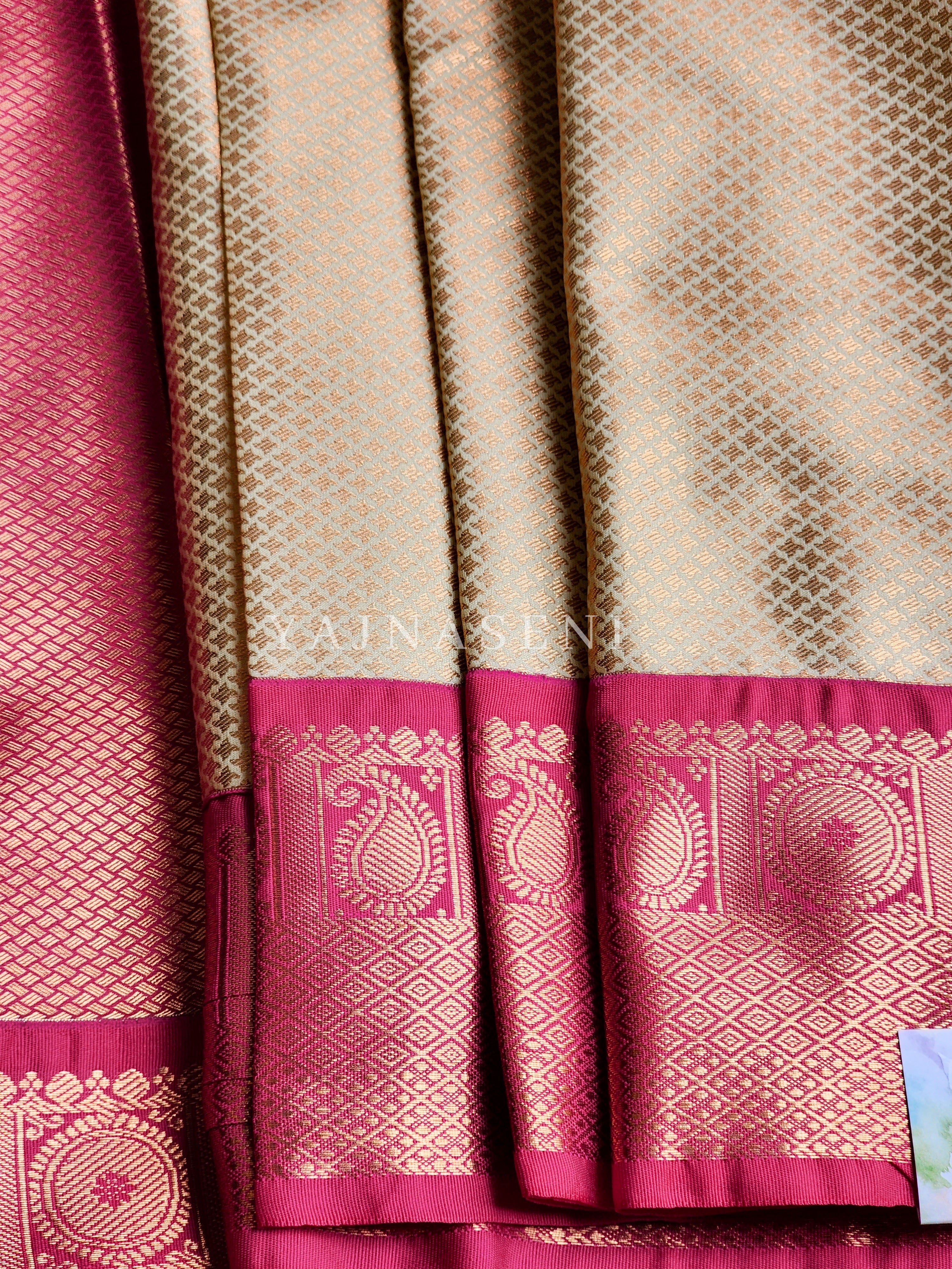 Brocade tissue semi silk saree : Ivory x Hot Pink