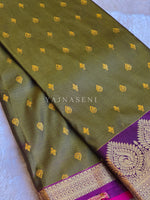 Load image into Gallery viewer, Semi Soft Silk Saree x Gold Zari - Olive x Pink x Purple

