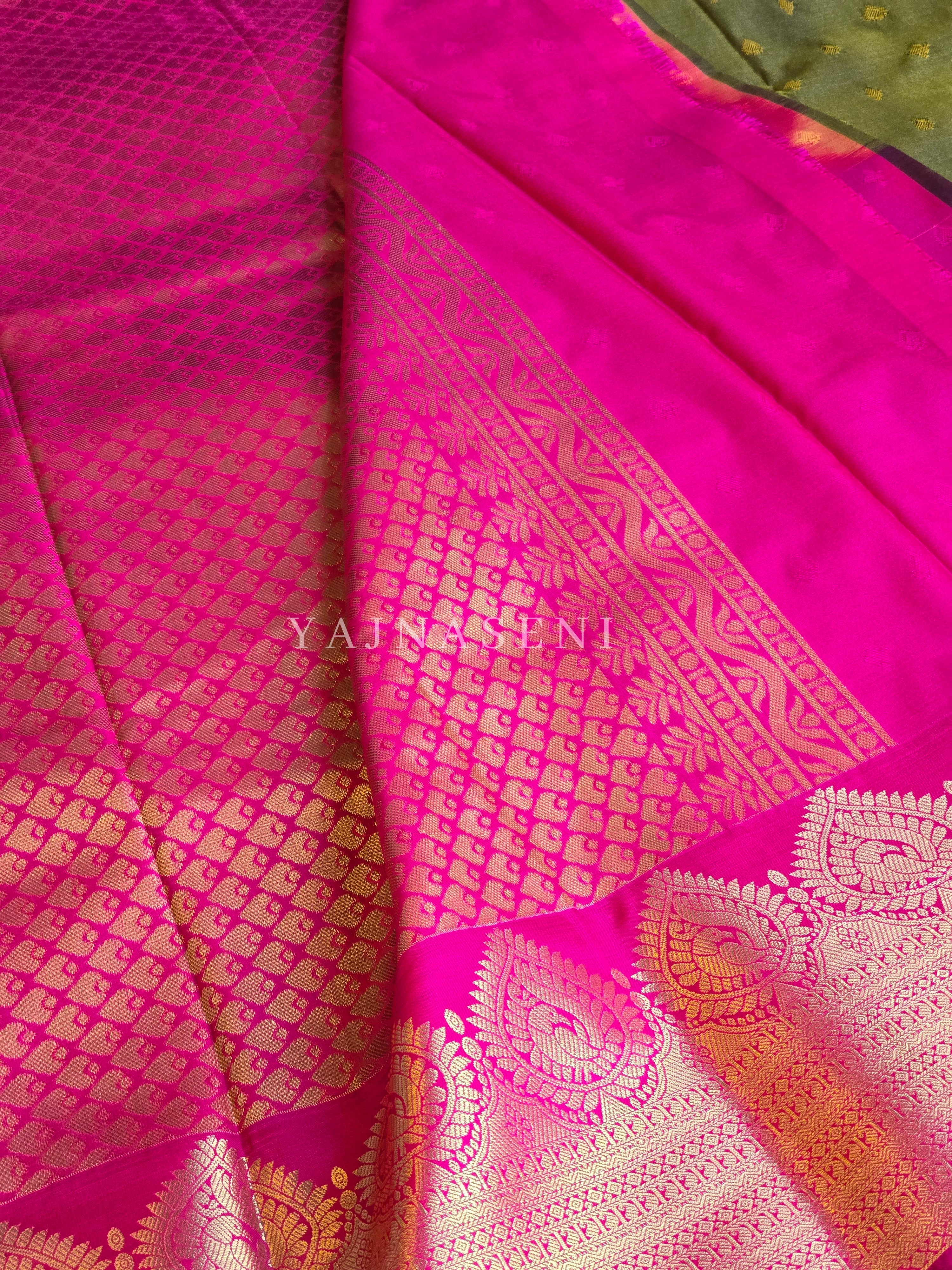 Semi Soft Silk Saree x Gold Zari - Olive x Pink x Purple