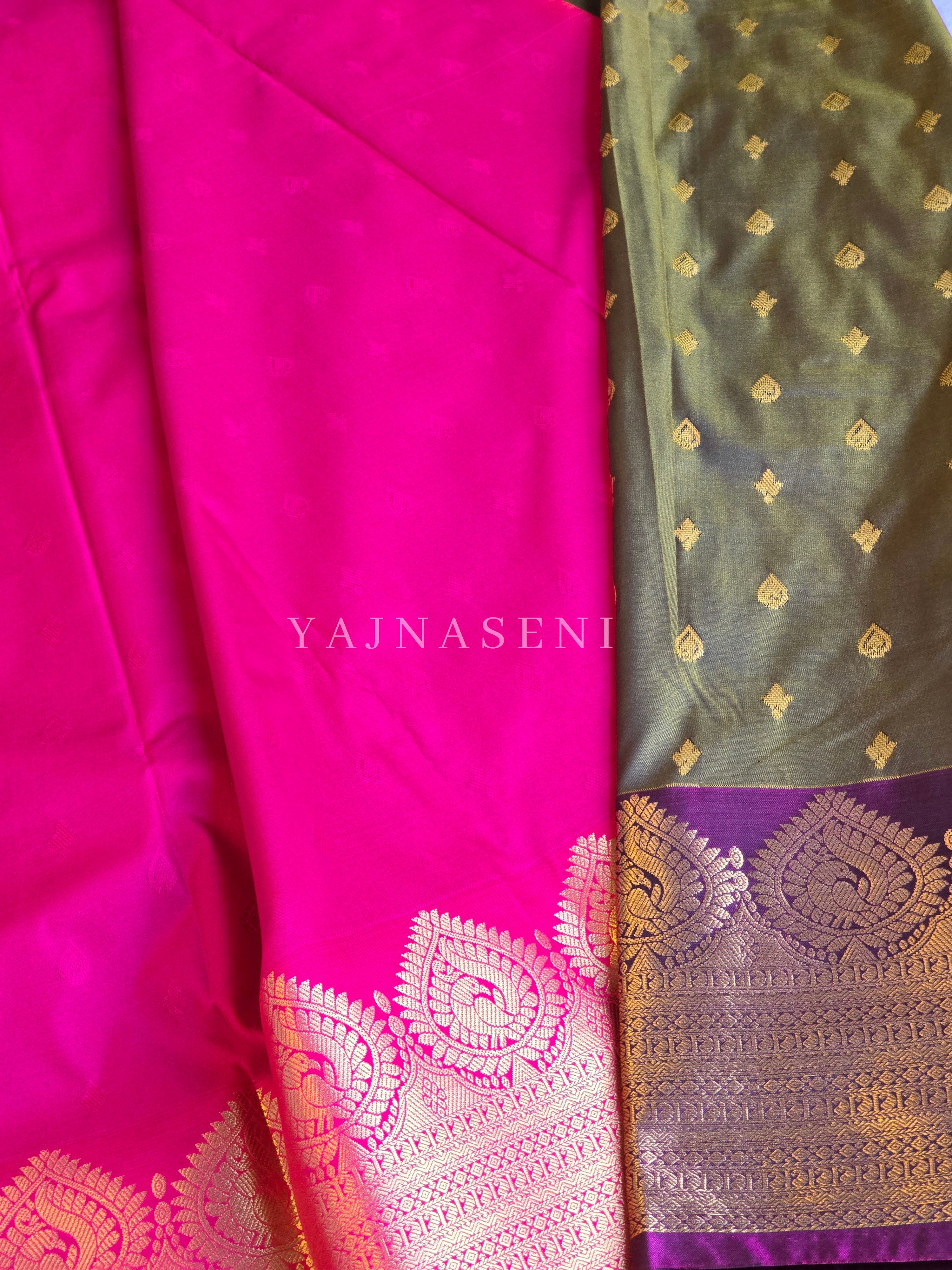 Semi Soft Silk Saree x Gold Zari - Olive x Pink x Purple