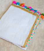 Load image into Gallery viewer, Mulmul Cotton x PomPom Saree : White x Pastel Lace Border x Multicolour Tassels
