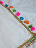 Load image into Gallery viewer, Mulmul Cotton x PomPom Saree : White x Pastel Lace Border x Multicolour Tassels
