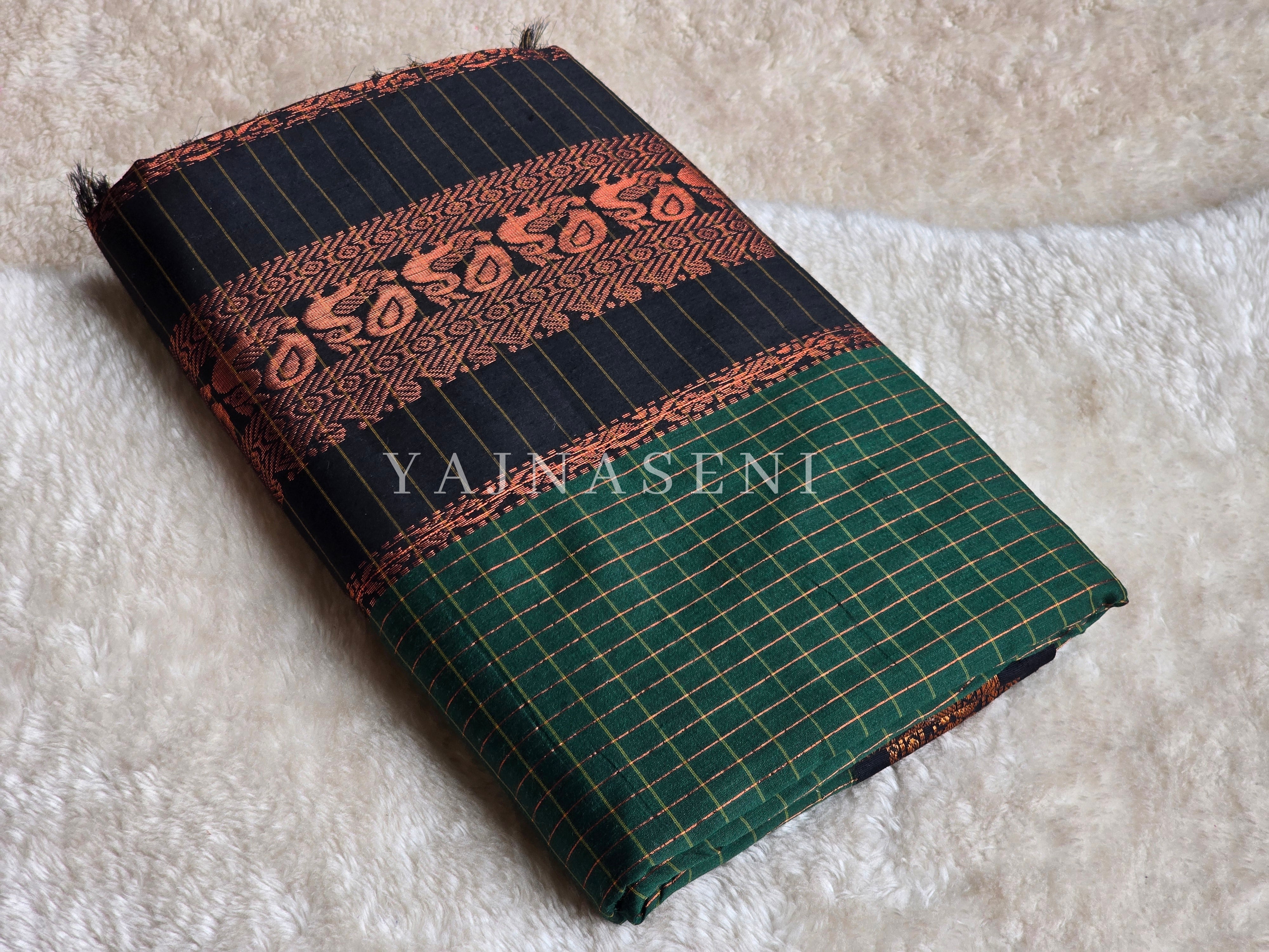 Kalyani Cotton Saree (checkered) - Copper Zari : Deep Green x Black