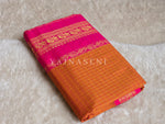 Load image into Gallery viewer, Kalyani Cotton Saree (checkered) - Gold Zari : Sunset Orange x Hot Pink
