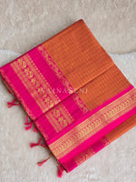 Load image into Gallery viewer, Kalyani Cotton Saree (checkered) - Gold Zari : Sunset Orange x Hot Pink
