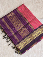 Load image into Gallery viewer, Kalyani Cotton Saree (checkered) - Gold Zari : Brick Pink x Dark Purple
