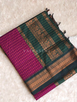 Load image into Gallery viewer, Kalyani Cotton Saree (checkered) - Copper Zari : Plum x Deep Green
