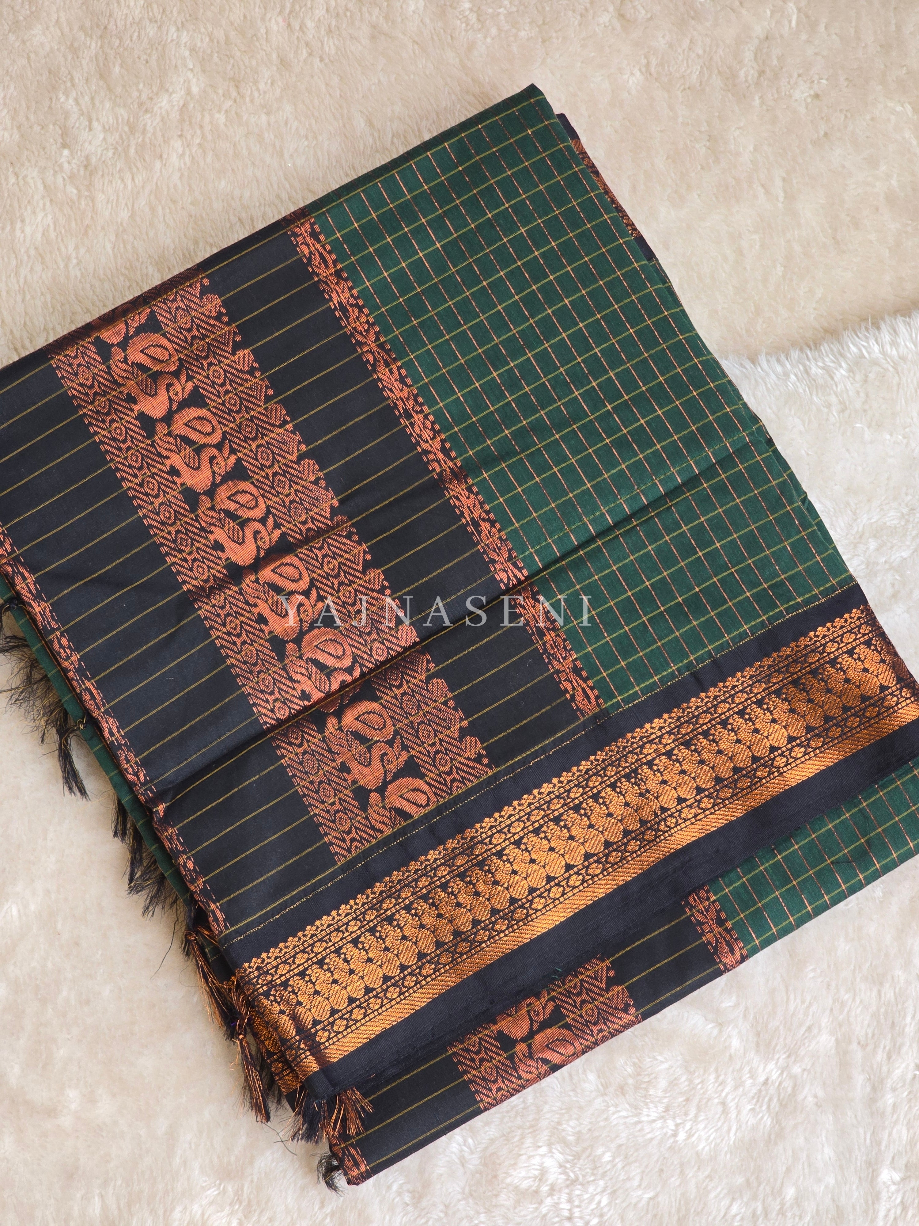 Kalyani Cotton Saree (checkered) - Copper Zari : Deep Green x Black