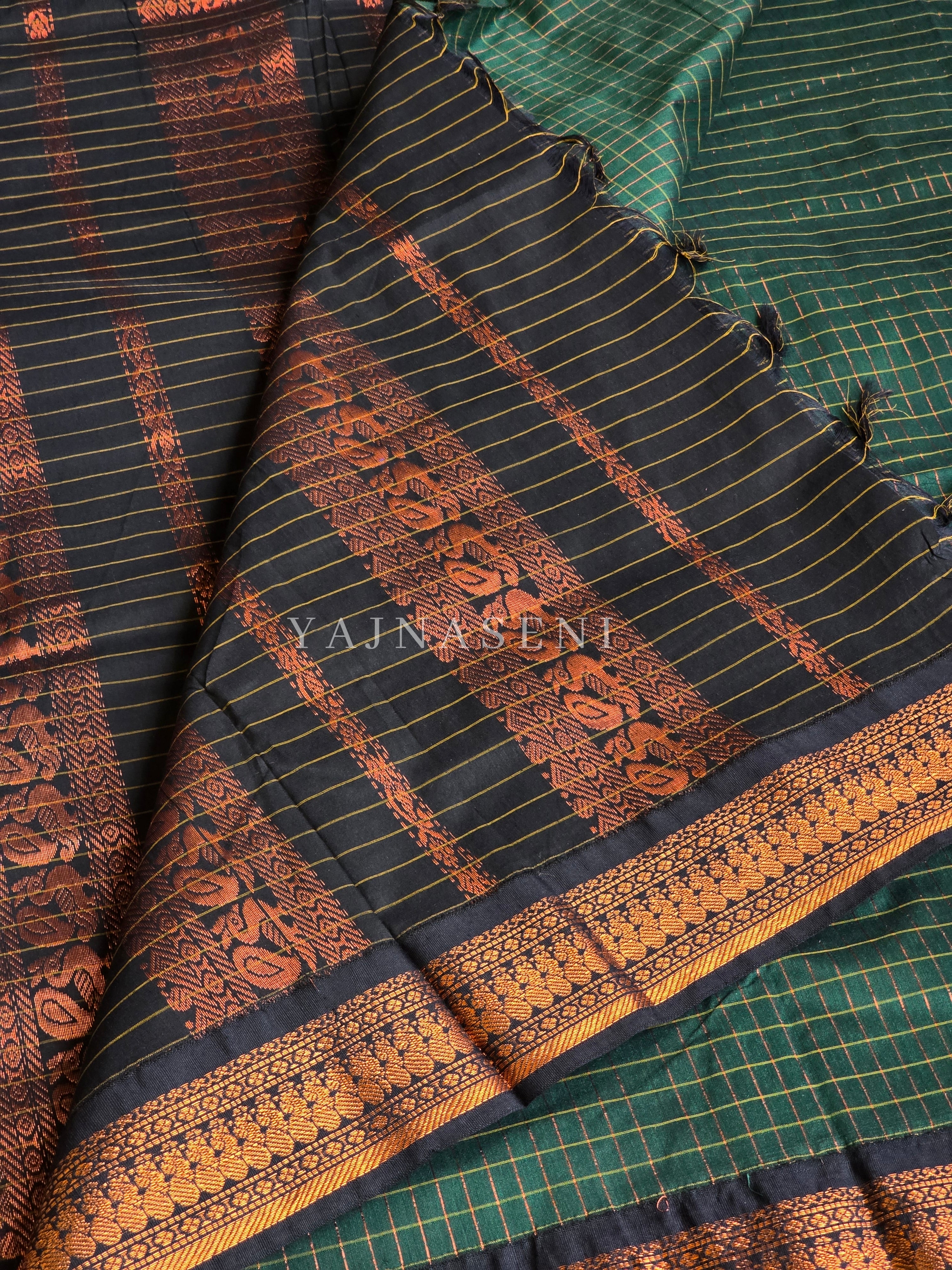 Kalyani Cotton Saree (checkered) - Copper Zari : Deep Green x Black
