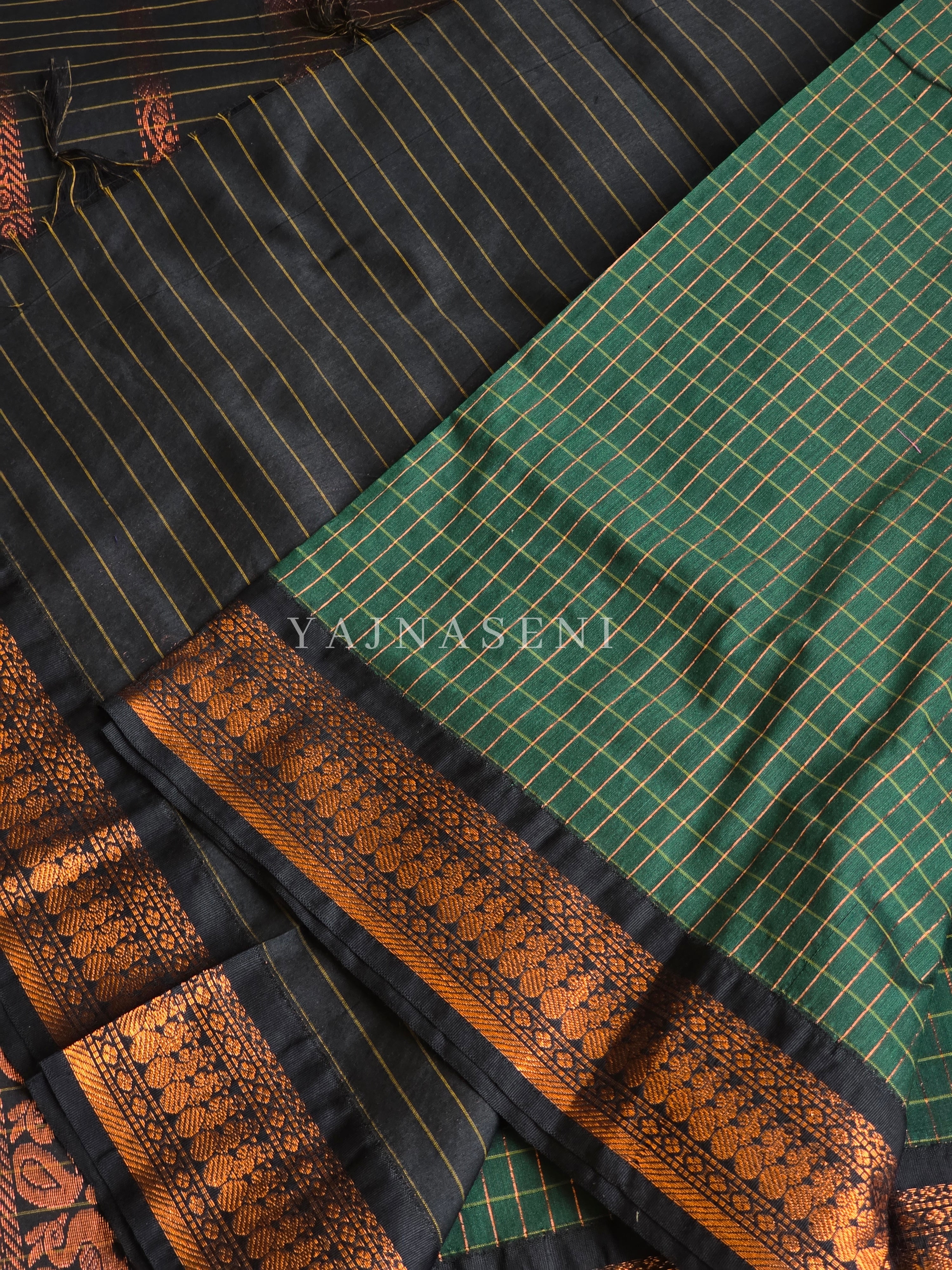 Kalyani Cotton Saree (checkered) - Copper Zari : Deep Green x Black