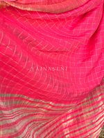 Load image into Gallery viewer, Rayon Georgette Saree x Printed Checks : Hot Pink x Dark Blue
