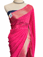 Load image into Gallery viewer, Rayon Georgette Saree x Printed Checks : Hot Pink x Dark Blue
