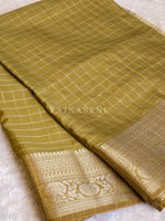 Load image into Gallery viewer, Georgette x Checkered Saree - Golden Olive
