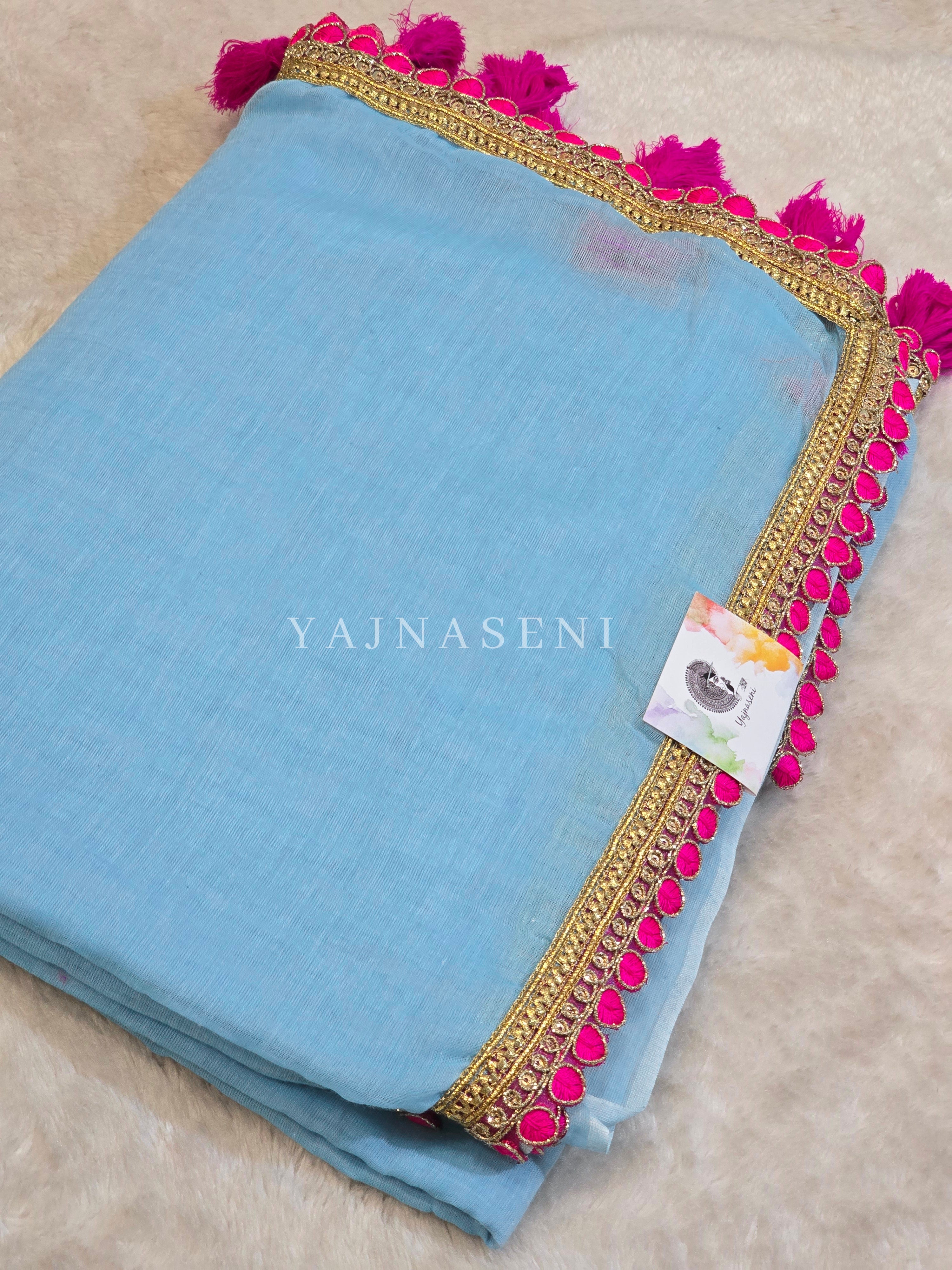 Mulmul Cotton x PomPom Saree : Pastel Blue x Hot Pink