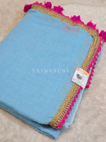 Load image into Gallery viewer, Mulmul Cotton x PomPom Saree : Pastel Blue x Hot Pink
