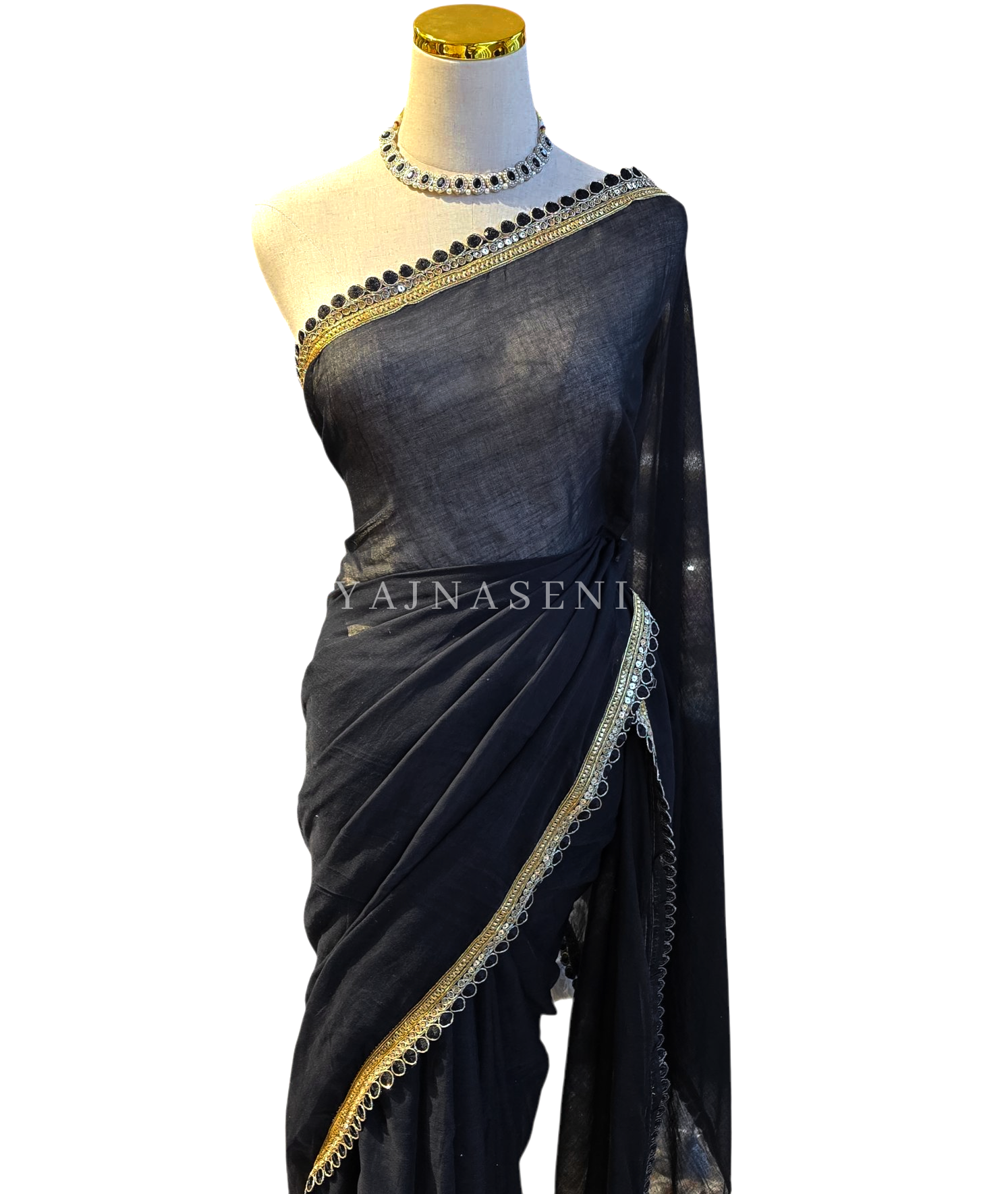 Mulmul Cotton x PomPom Saree : Black x White
