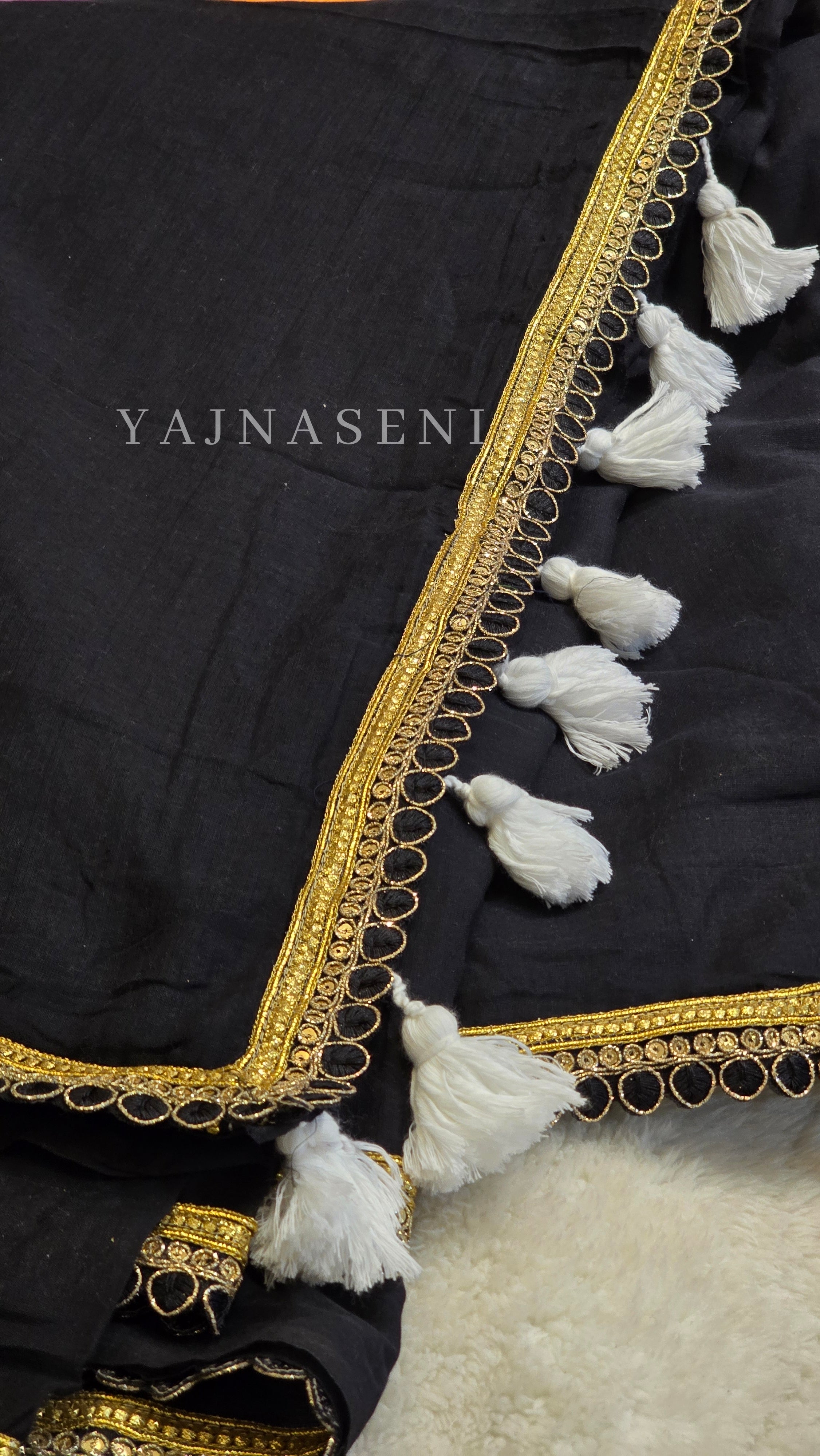 Mulmul Cotton x PomPom Saree : Black x White